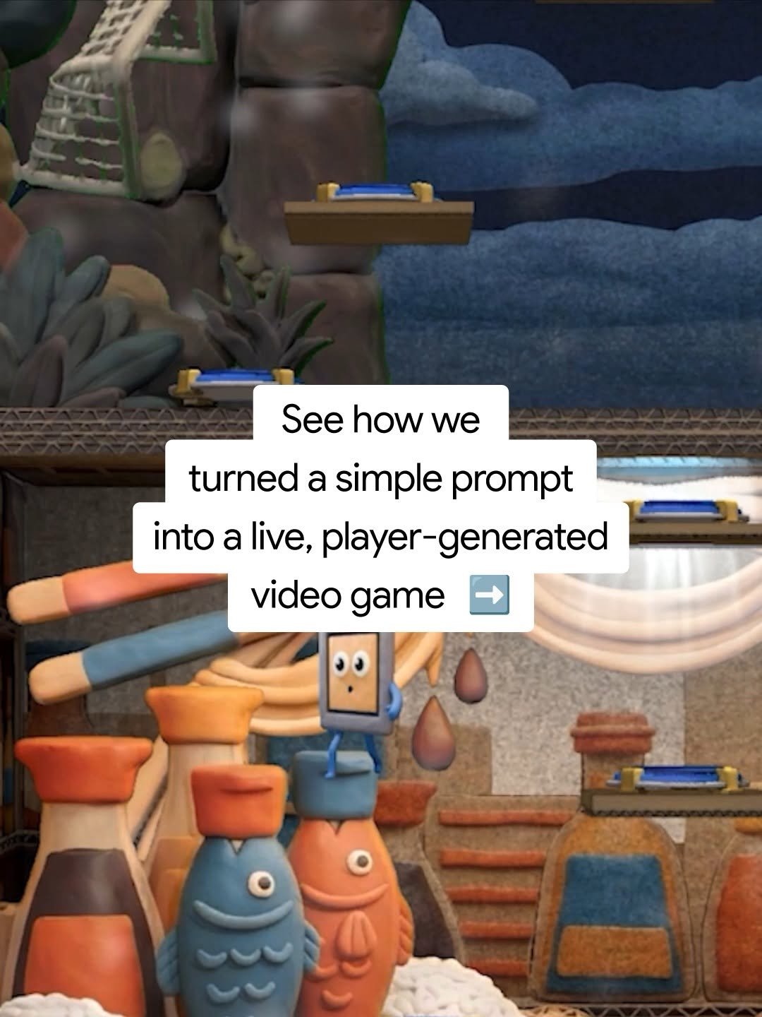 An animated background of a side-scrolling platformer video game set inside a physical 3D cardboard box. The centered text reads "See how we turned a simple prompt into a live, player generated video game" with a right pointing arrow. The game graphics feature vibrant, claymation-style rooms filled with whimsical characters like a rabbit in pajamas, penguins, a giant flamingo, cows, and wolves.