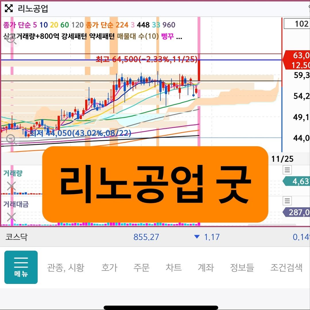 Photo by 고짹짹 | 전문 트레이더 on November 24, 2025. May be an image of text that says 'X 리노공업 증가 단순 10 20 60 120 종가 단순 224 448 33 960 산고거래량+800억 강세패턴 약세패턴 매물대 수(10) 삥꾸... 102 63,0 12.5 59,3 1최저 4,050(4 주최지44,050(43.02%,08/22) 02%,08/22) 54,2 ...... 거래량 49,1 44,0 거래대금 11/25 4,63 코스닥 리노공업 굿 ------ 目 287,0 855.27 메뉴 1.17 관종,시황 시황 관종, 호가 0.14 주문 차트 계좌 정보들 조건검색'.