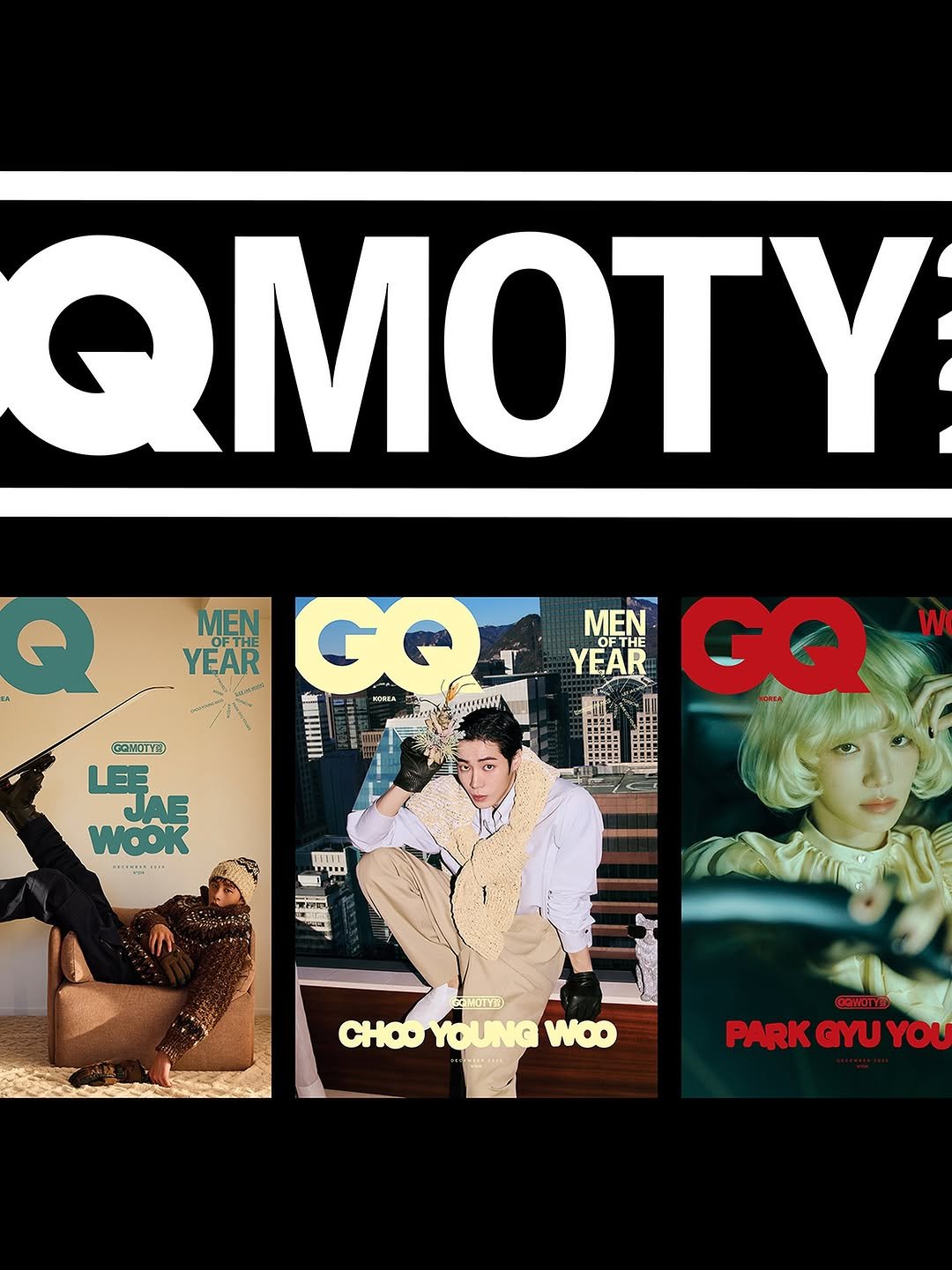 Photo shared by GQ KOREA on November 15, 2025 tagging @gucci, @moncler, @lavieenbluu, @cu.young, and @jxxvvxxk. May be pop art of magazine, poster and text that says 'QMOTY MEN YEAR GQT KCPEA ရန္ဝ MEN OFTHE YEAR GQ W CONOID 時 LEE JAE WOOK ............ . UNTE 生 MOTYE) CHO υο YOUNG WO. DOWOTYED PARKGYUYOU GYUYOU PARK'.