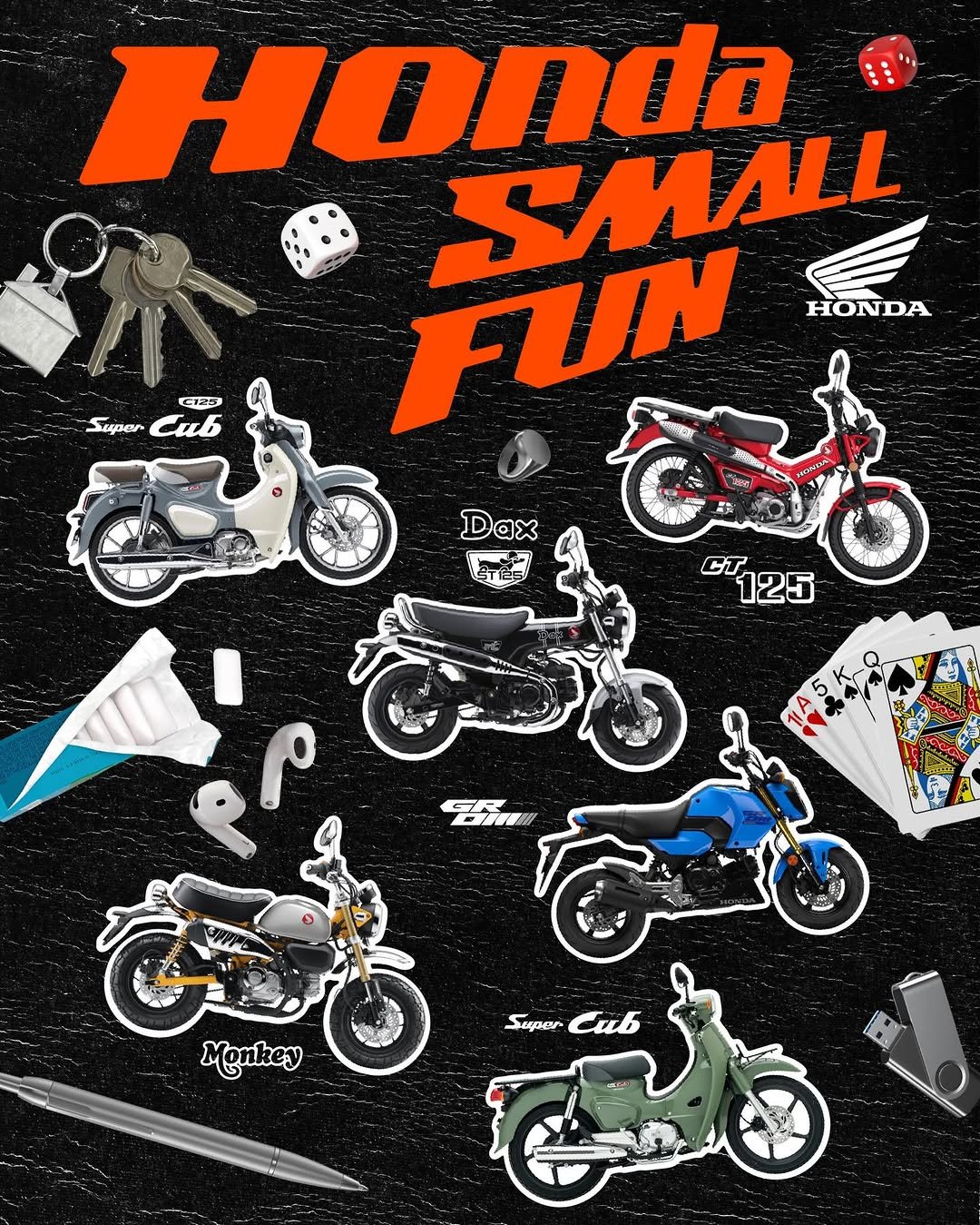 Photo by GQ KOREA on December 01, 2025. May be a doodle of ‎motorcycle, dirt bike, poster, scooter and ‎text that says '‎C125 rpد Ca6 Dax Honda SMALL FUN HONDA සිර් CT 125 G125 دلن ሜፍ ఈమ Morkey 店3 Supar Cи6 학명‎'‎‎.