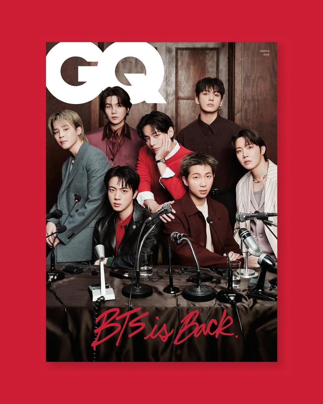 Photo shared by GQ KOREA on February 13, 2026 tagging @bts.bighitofficial, @agustd, @thv, @uarmyhope, @rkive, @jin, and @mnijungkook. May be an image of one or more people, bangs, poster, magazine and text.