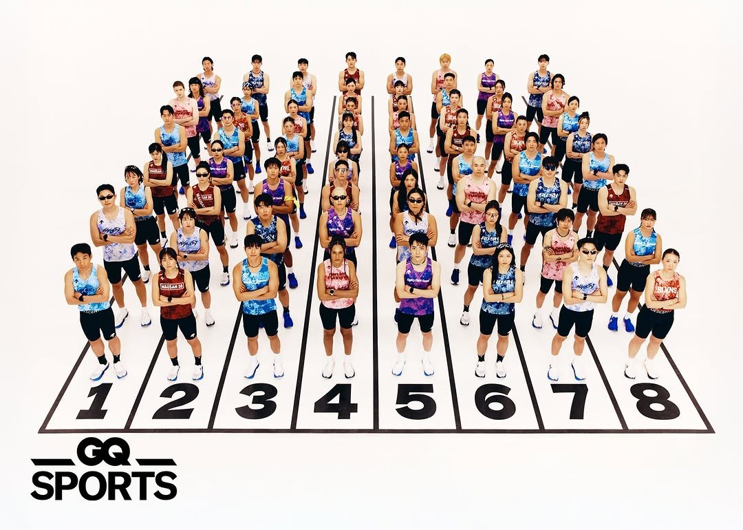 Photo shared by GQ KOREA on April 27, 2026 tagging @norulesrunning, @wausan30, @descente_kr, @eightyeightseoul, @rush_runningcrew, @seoulvenus, @commune_d_seoul, @honest.movement, @descenterunning, and @nakwon.arcadia. May be an image of tennis, football, volleyball, basketball, standing, scoreboard, sports equipment, poster, crowd and text.