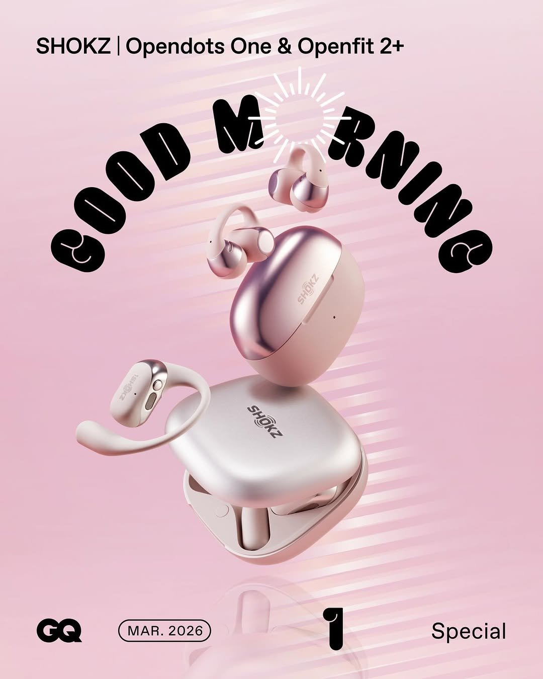 Photo shared by GQ KOREA on March 02, 2026 tagging @shokzkr. May be an image of portable cassette player, microphone and text that says 'SHOKZ I Opendots One & Openfit 2+ BOOD M # SHOKZ SHOKZ SHOKZ CQ MAR.2026 MAR. 2026 Special'.