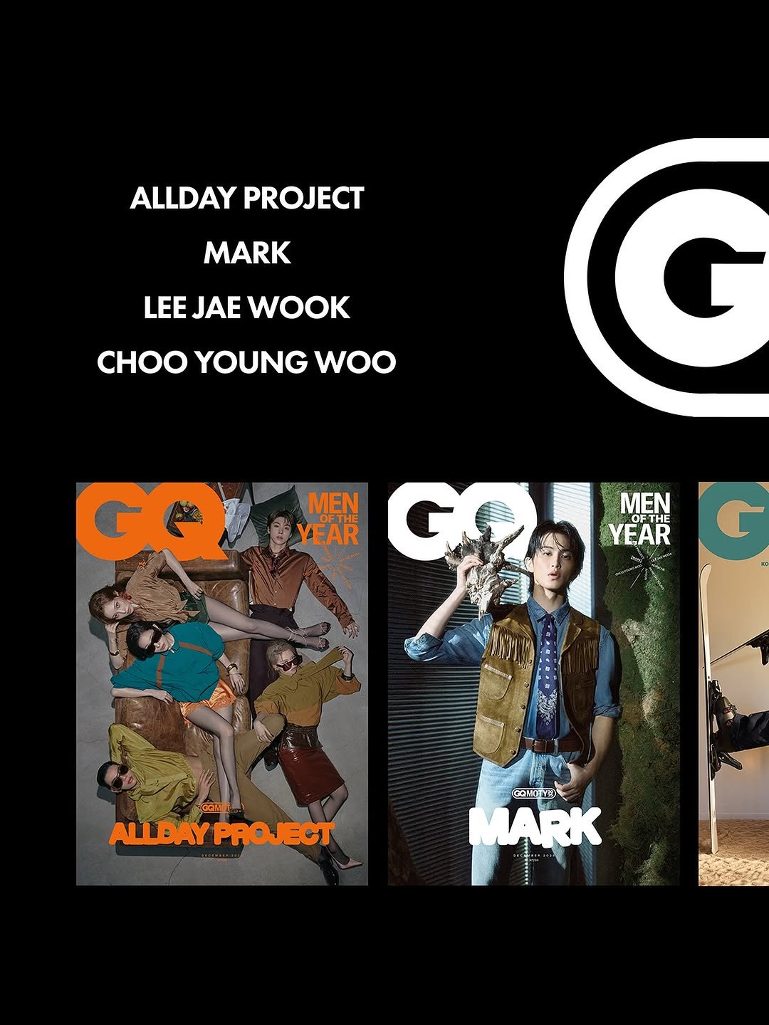 Photo shared by GQ KOREA on November 15, 2025 tagging @ysl, @poloralphlauren, @onyourm__ark, and @allday_project. May be a graphic of ‎poster, magazine and ‎text that says '‎ALLDAY ALLDAYPROJECT PROJECT MARK LEE JAE WOOK CHOO YOUNG Woo GA MEN MEN YEAR CSP OFTHE YEAR HZC OGNOT TCEJOAPYAهLA PROJECT ALLDAY SANDT GONOIYE SONG YU MARK‎'‎‎.