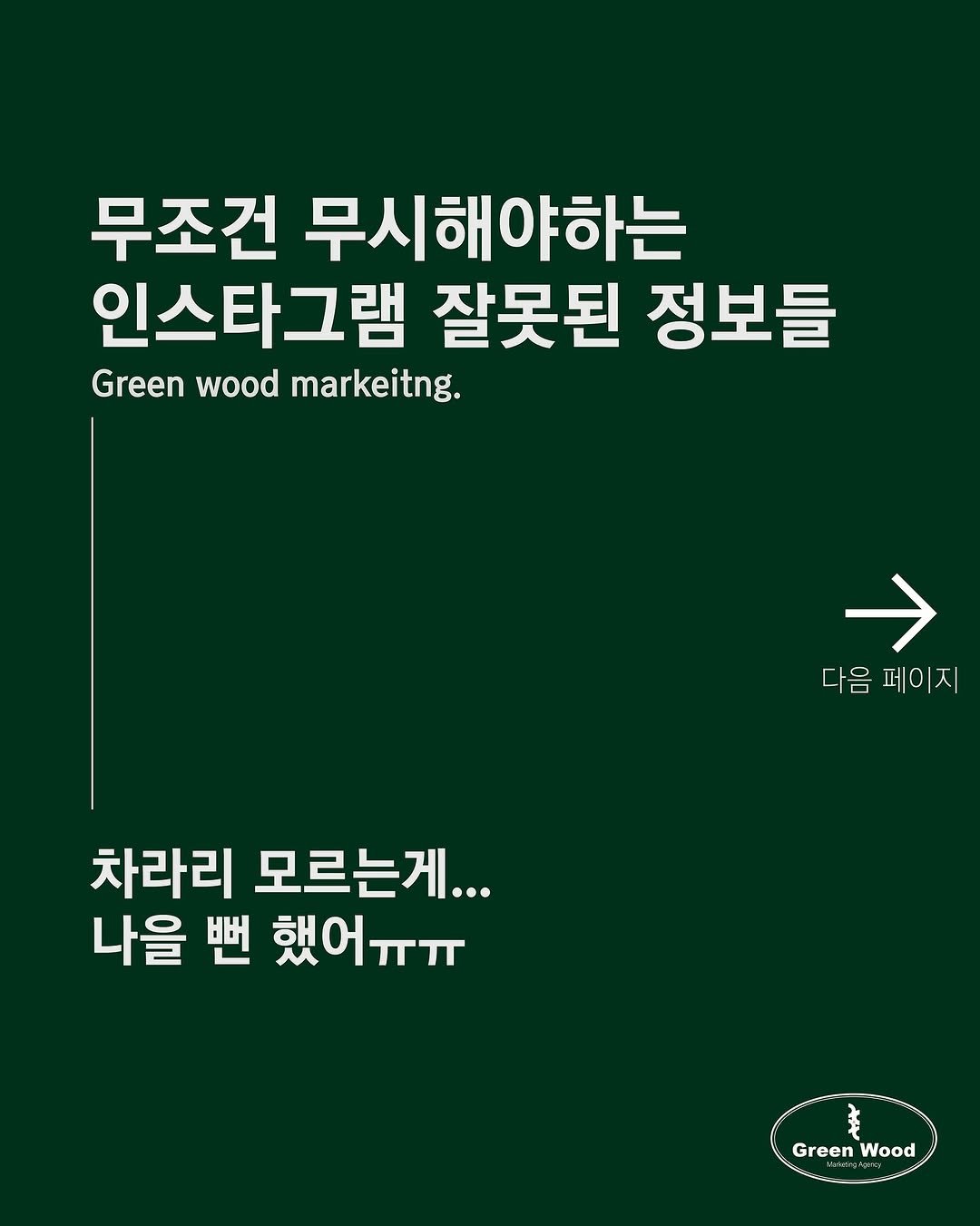 Photo by “Green wood” Marketing Agency on July 23, 2025. May be an image of text that says '무조건 무시해야하는 야하는 인스타그램 잘못된 정보들 Green wood Greenwoodmarkeitng. markeitng. 다음페이지 지 다음 페이 차라리 모르는게... 나을 뻔 했어ㅠㅠ 했 Grewood 主 Green GreenWood Wood'.