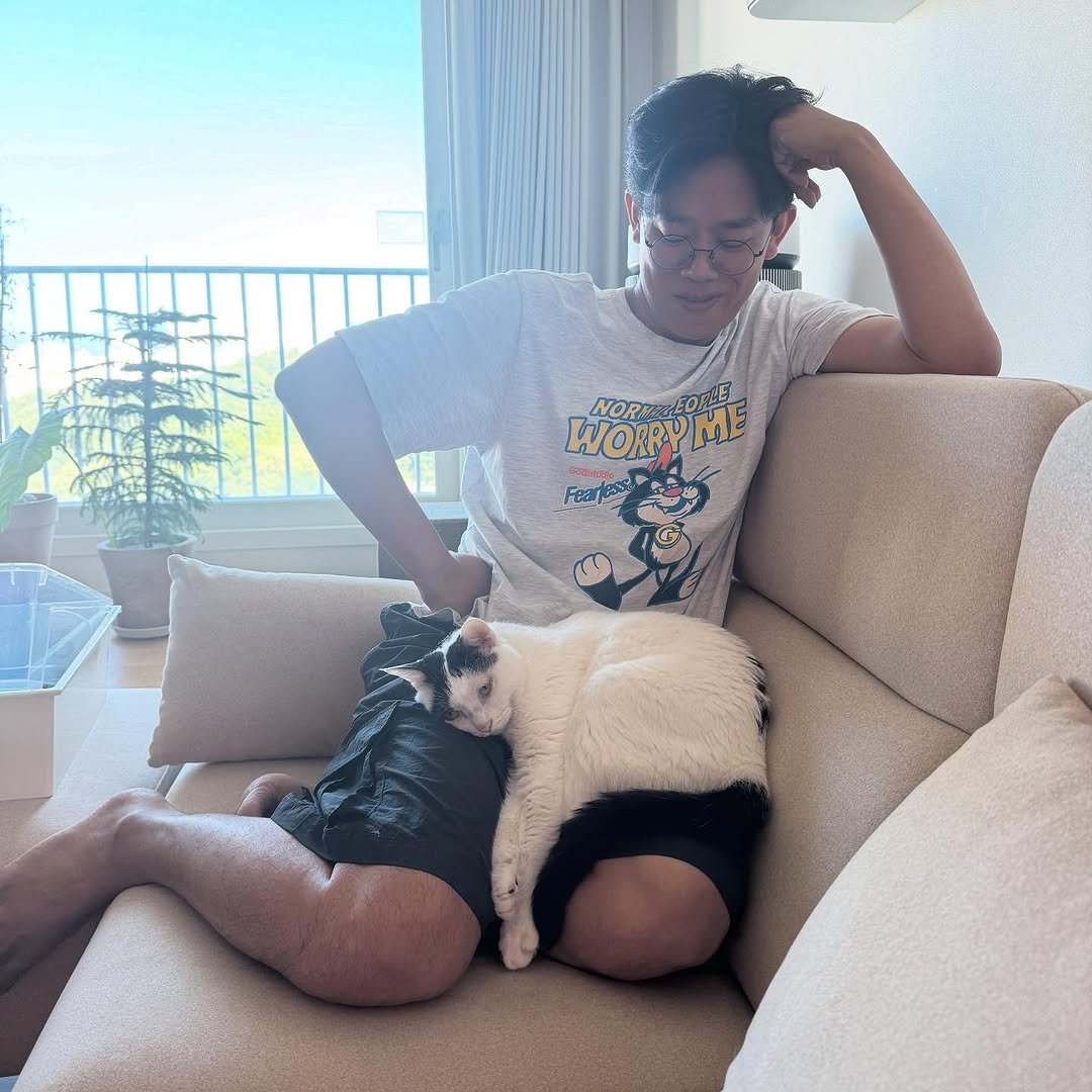 Photo shared by 김명철 on July 11, 2025 tagging @cat_samonim. May be an image of 1 person, ragdoll cat, kitten, Abyssinian cat, Persian cat, beanbag chair, diaper and text.
