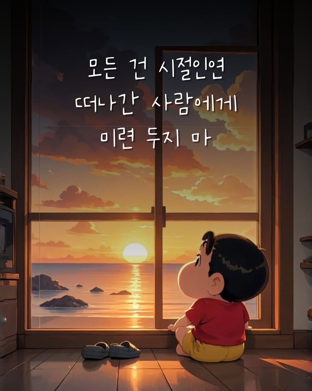 Photo by 오늘의감성 on December 25, 2025. May be a cartoon of text that says '모든 모든건시절인연 건 시절인연 떠나간 사람에게 미련 두지 마'.