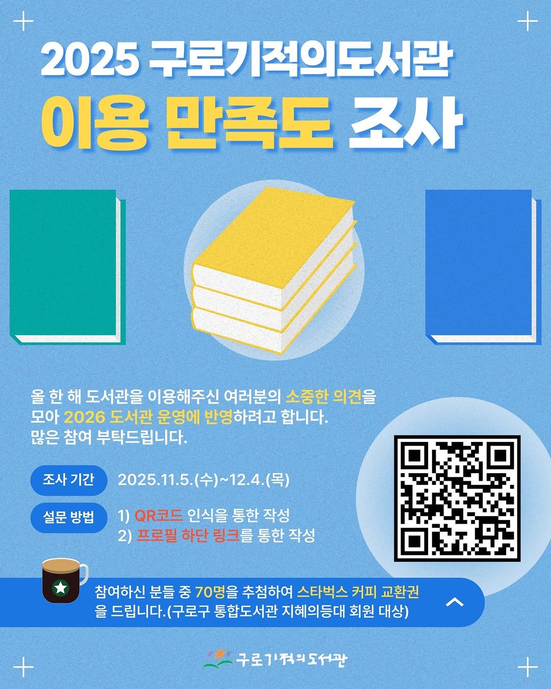 Photo by 구로기적의도서관 in 구로기적의도서관. May be an image of poster, magazine and text that says '2025 구로기적의도서관 이용 만족도 조사 올 한 해 도서관을 이용해주신 여러분의 소중한 의견을 모아 2026 도서관 운영에 반영하려고 반영 합니다. 많은 참여 부탁드립니다. 조사 기간 설문 설문방법 방법 2025.11.5.（令）~12.4.（号） （令）~12.4.(号） 2025.11.5. 1) QR코드 인식을 통한 작성 2) 프로필 하단 링크를 통한 작성 참여하신 분들 중 70명을 추첨하여 스타벅스 커피 교환권 을 드립니다. 골드립니다.(구로구 (구로구 통합도서관 지혜의등대 회원 대상) + 구로기적의도서관 +'.