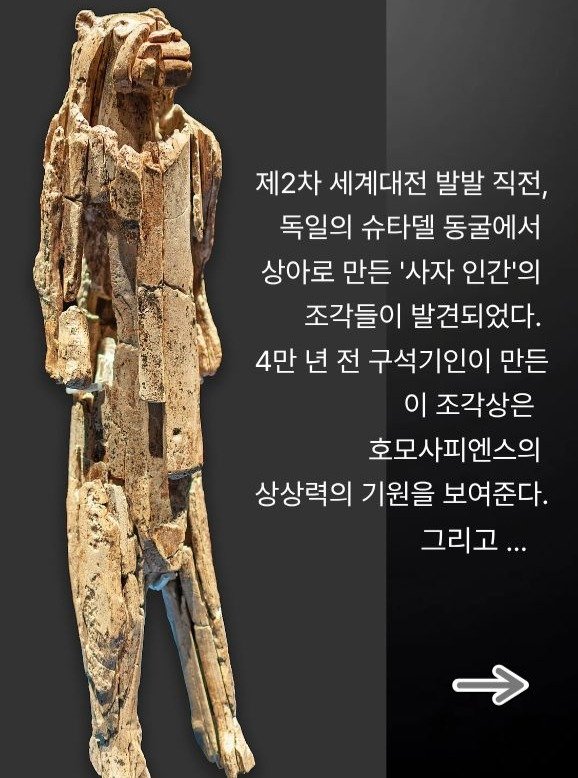 Photo by 교양인 on April 21, 2026. May be an image of text that says '제2차 세계대전 발발 직전, 독일의 슈타델 동굴에서 상아로 만든 '사자 인간'의 조각들이 발견되었다. 4만 년 만년전 전 구석기인이 만든 이 조각상은 호모사피엔스의 상상력의 기원을 보여준다. 그리고...'.