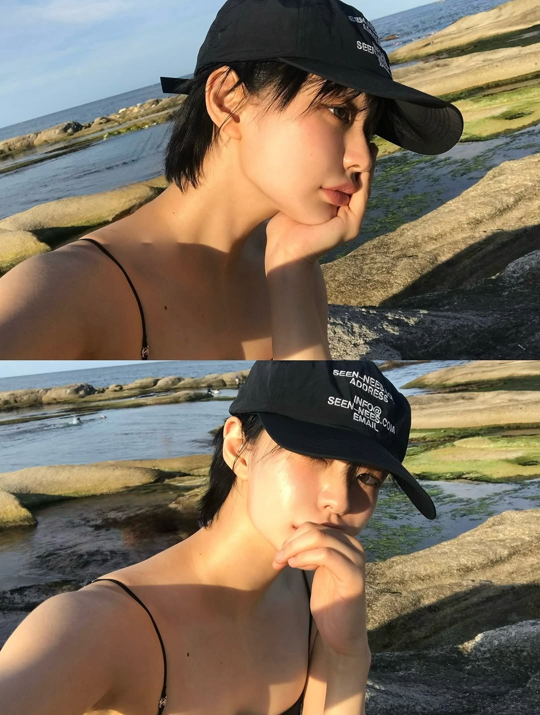 Photo by 하경 on August 17, 2025. May be an image of 2 people, hat, beach and text.