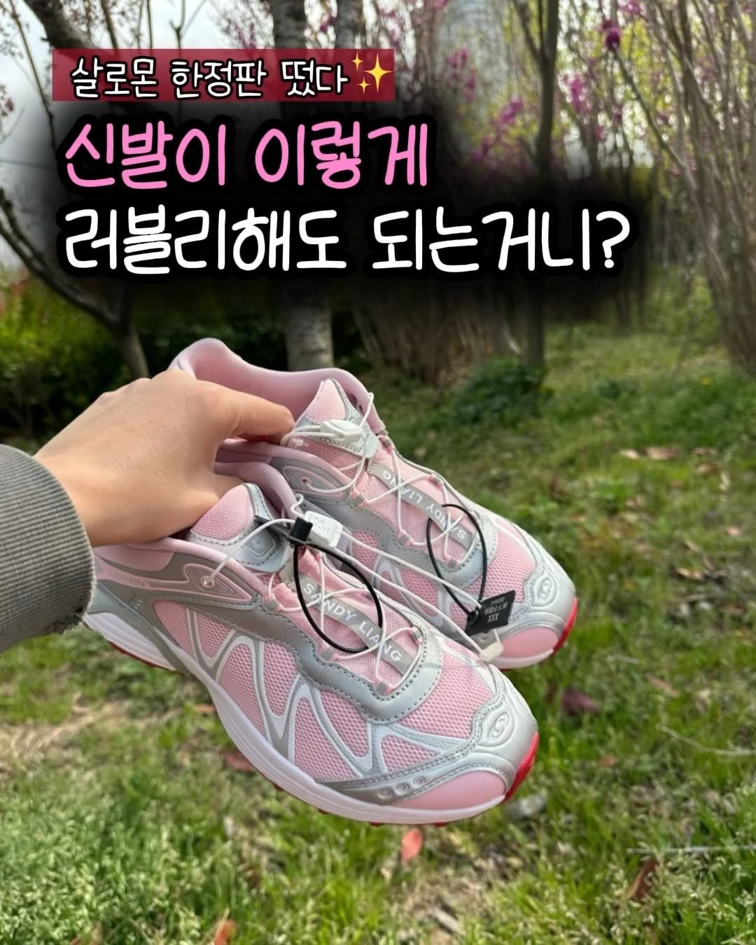 Photo by 햅삐홈 on April 26, 2026. May be an image of baby shoes and text that says '살로몬 한정판 떴다 신발이 이렇게 러블리해도 되는거니? SANDY LIA ND'.