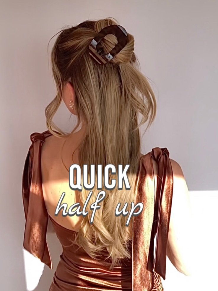 Photo by Claudia | Hairstyles on November 25, 2025. May be an image of one or more people, blonde hair, braids, long hair, hairpin, dress and text that says 'QUICK half up'.