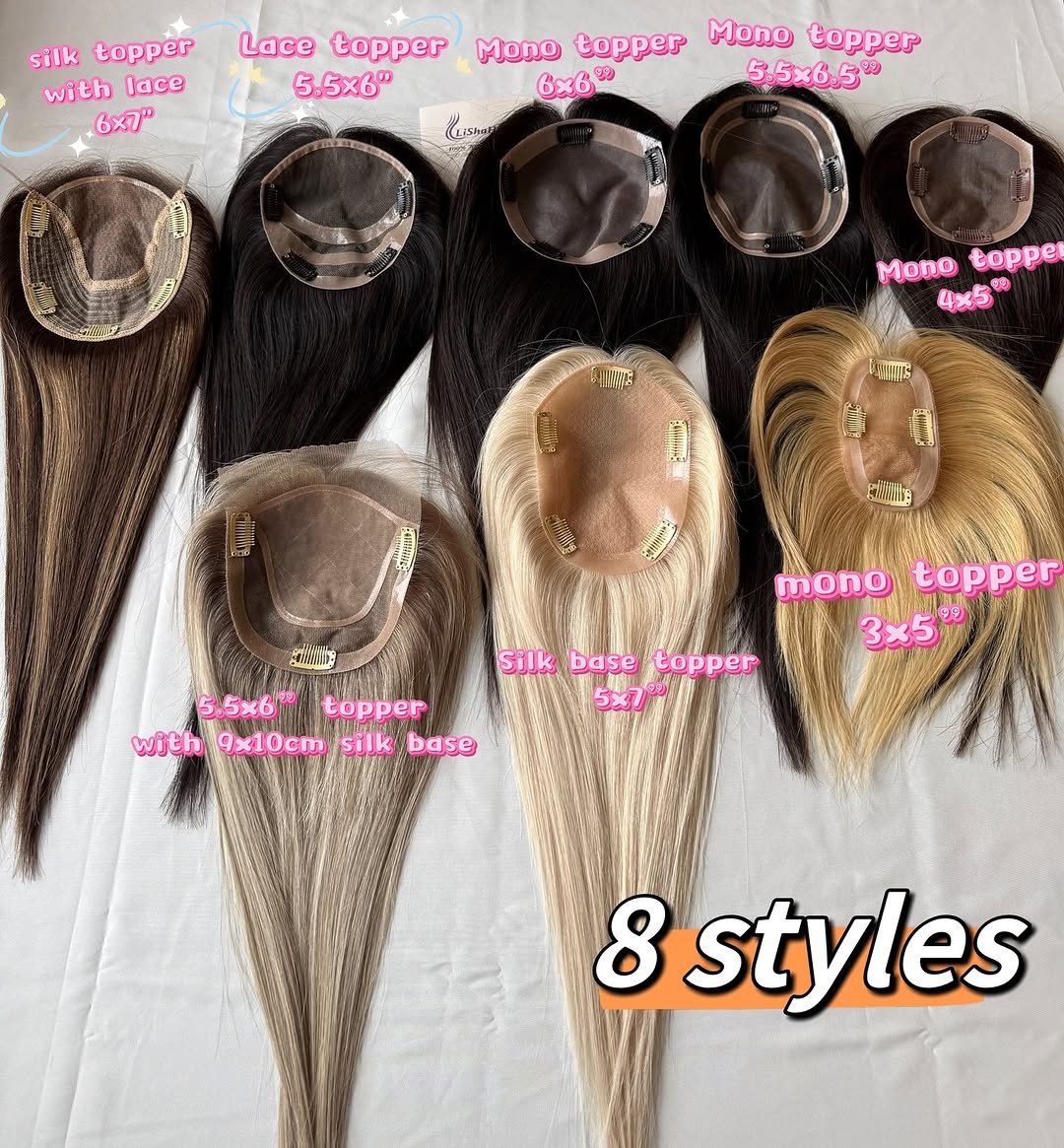 Photo by Human hair topper | extension | wig on January 14, 2026. May be an image of head covering and text that says 'silk topper with lace 6%” Lace topper 5.5x6" Mono topper Mono topper 6XB မည 5,5x6.5 ትኢሚኝ Mono Boppe 4x5 菊 EAWE iile s い siilag mono monotopper topper 3x5 ្ុនអានីត្ 5.5x6topper 5.5x6 topper 9x10cm with9x10cmsilkbass silk base Silk Silkbase silkbasetopper base topper 5メ] 8 styles'.