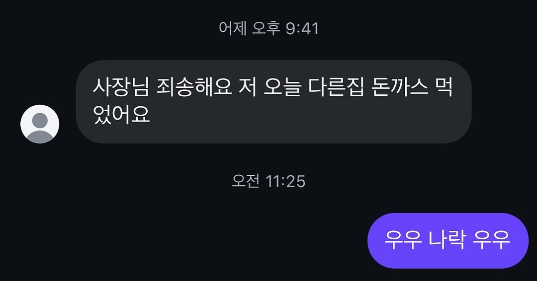 Photo shared by 손지냥 | 냥까스 on July 30, 2025 tagging @meow.kasu. May be an image of text that says '어제 오후 9:41 사장님 죄송해요 저 오늘 다른집 돈까스 먹 었어요 오전11:25 오전 11:25 우우 나락 우우'.
