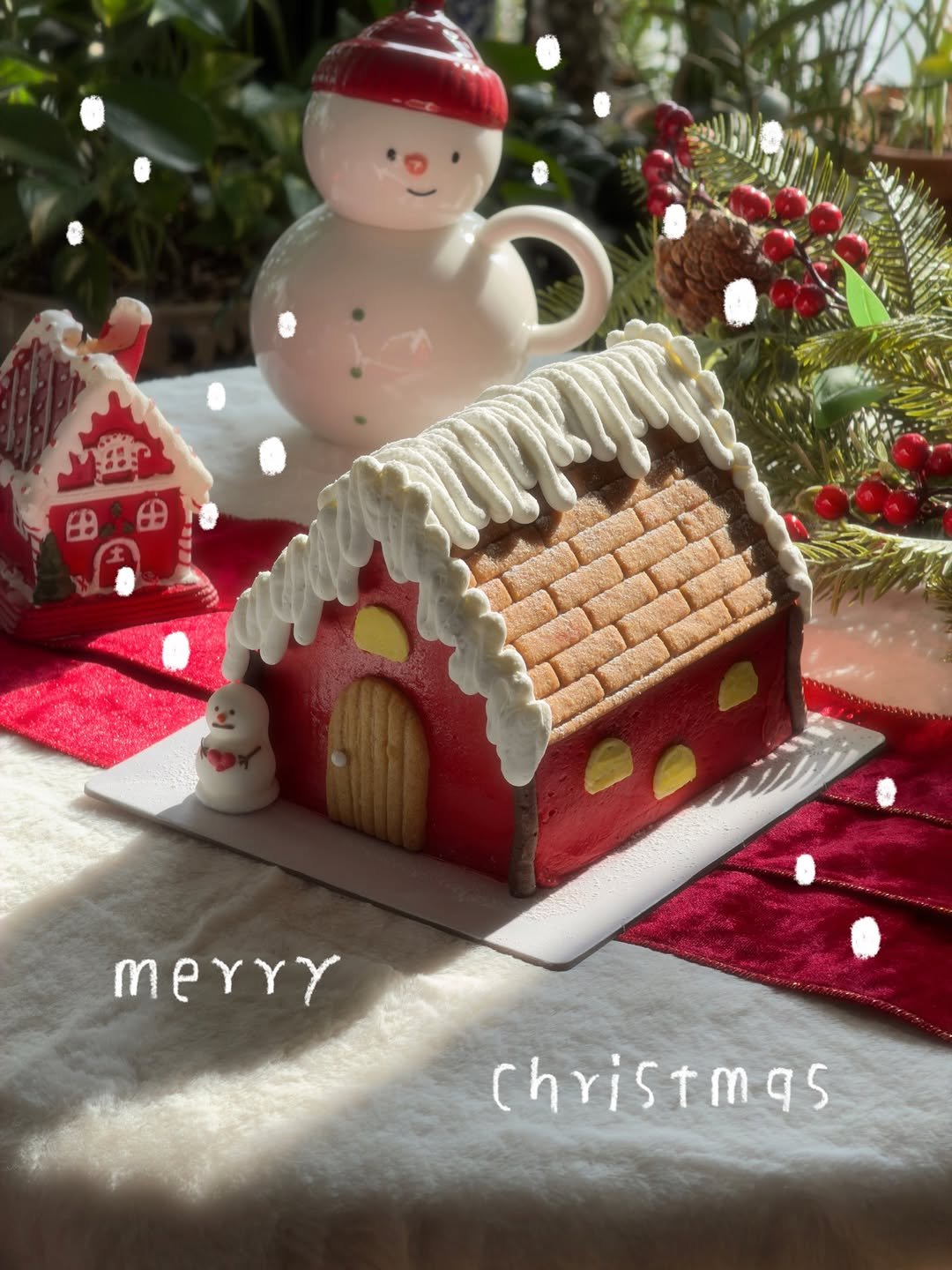 Photo shared by 한 컾 | 카페 • Cafe on December 24, 2025 tagging @doredoreofficial. May be an image of cake, snowman, gingerbread cookie and text that says 'merry christmas'.