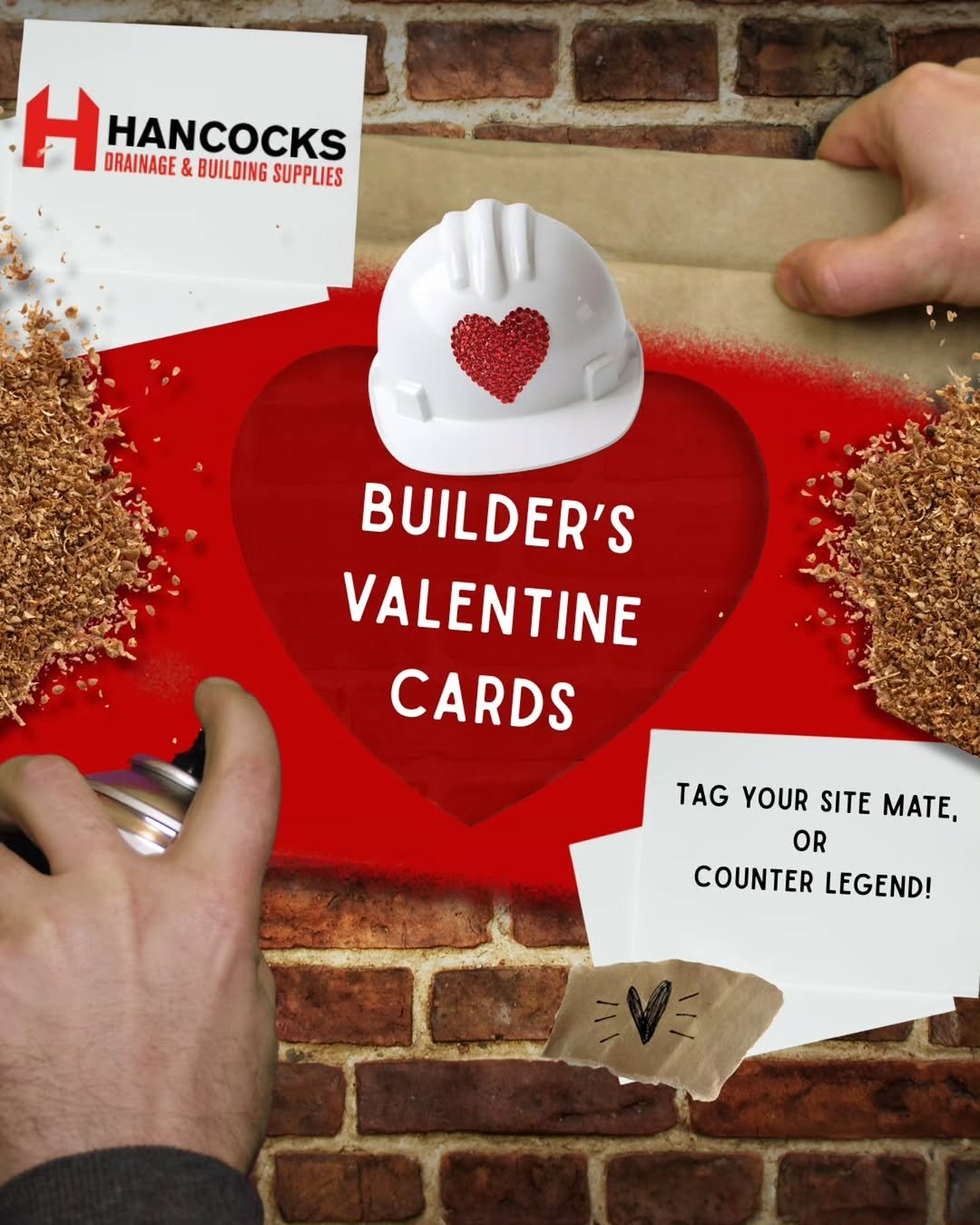 Photo shared by Hancocks Drainage & Building Supplies on February 13, 2026 tagging @constructionmemes, @wickes, @bandofbuilders_, @discoverstortford, @travisperkinsco, @tradelegends, @bbcdiysos, and @fixfestuk. May be an image of card and text that says 'H HHANCOCKS HANCOCKS DRAINAGE ORAINAGE&BUILDINGSUPPUIES & BUILDING SUPPLIES BUILDER'S VALENTINE CARDS TAG YOUR SITE SITEMATE, MATE, OR COUNTER LEGEND!'.