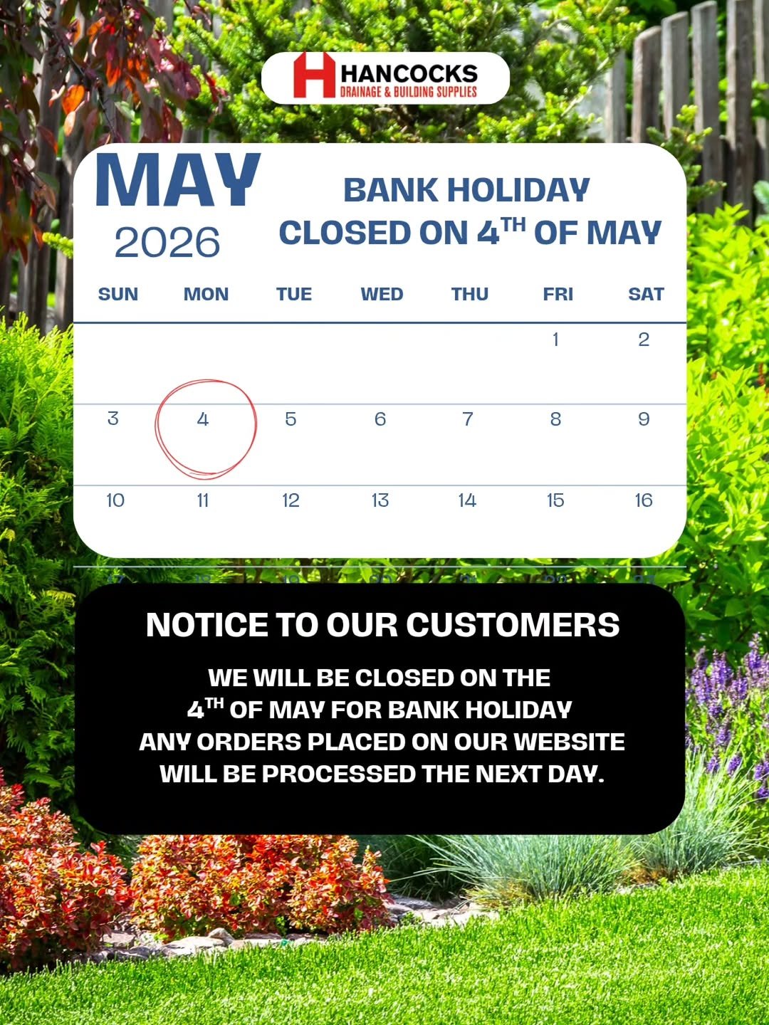 hancocksstore 게시물 이미지: We will be closed on the 4th of May 2026 for...