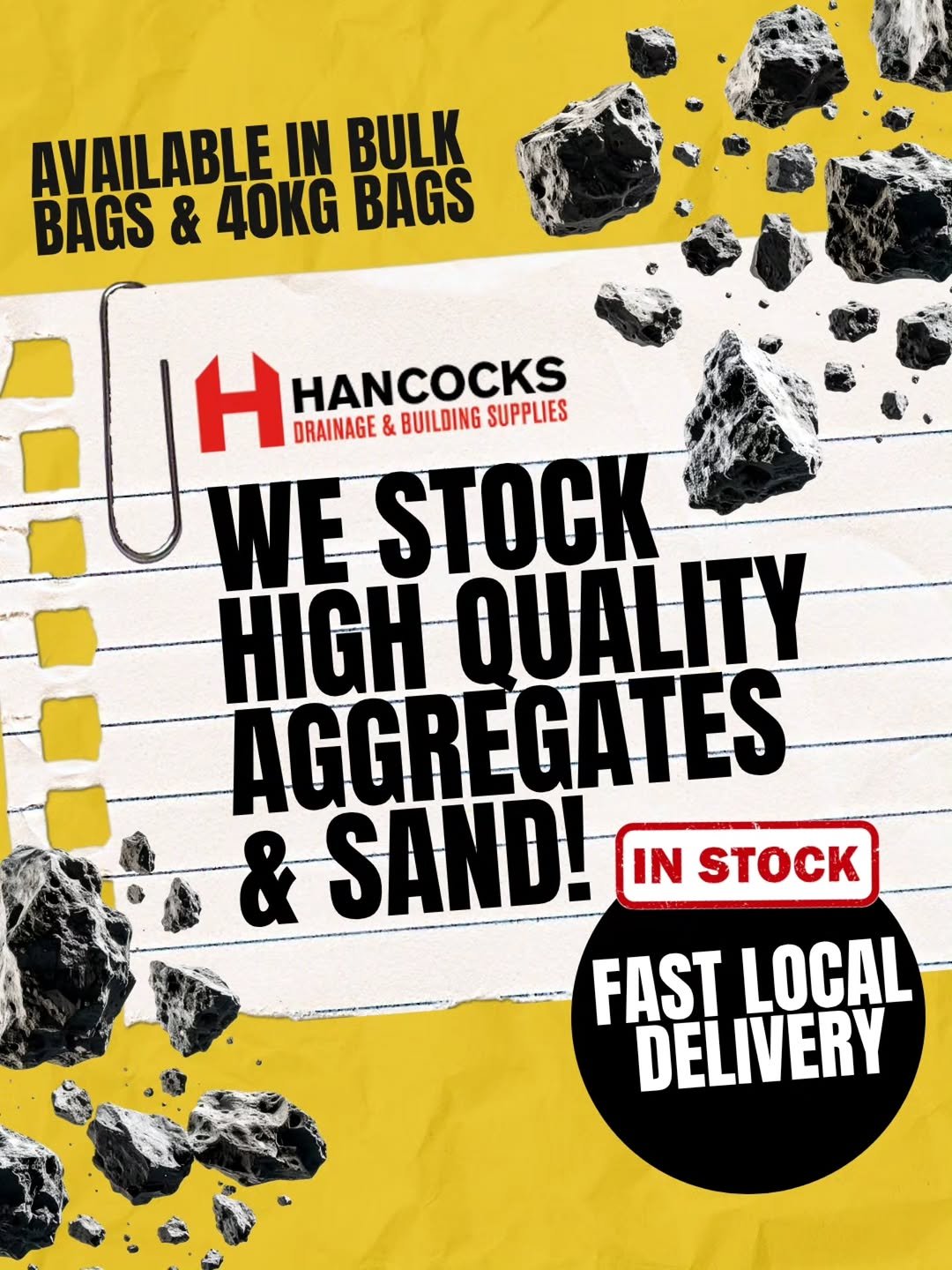 Photo shared by Hancocks Drainage & Building Supplies on April 09, 2026 tagging @heidelbergmaterials_uk. May be an image of ‎text that says '‎AVAILABLE IN BULK BAGS & 40KG BAGS لاه WE STOCK H DRAINAGE & BUILDING HANCOCKS SUPPLIES HIGH QUALITY AGGREGATES AGGR EGATES & SAND! IN STOCK FAST LOCAL DELIVERY‎'‎.