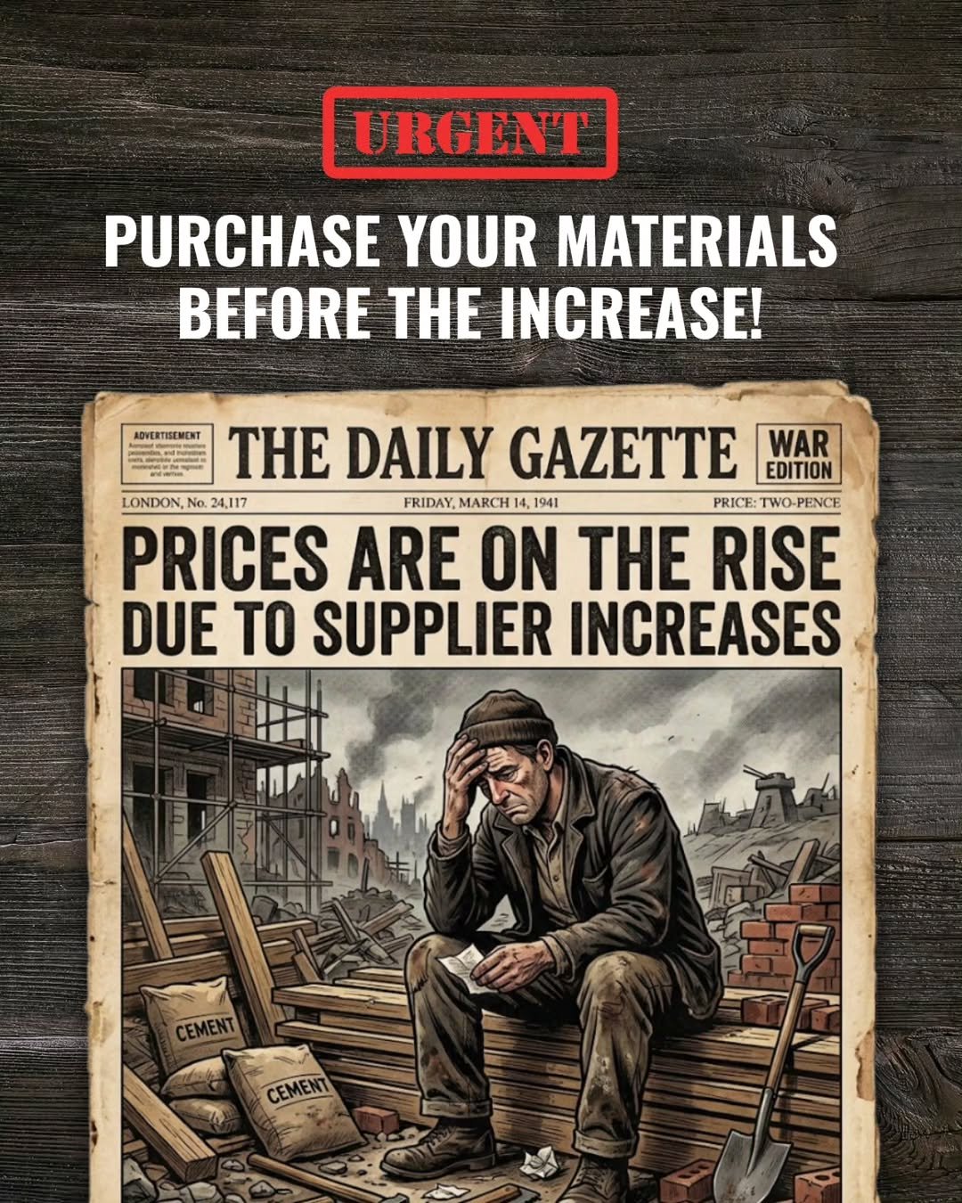 Photo by Hancocks Drainage & Building Supplies on March 25, 2026. May be an image of hand tool, lumberyard and text that says 'URGENT PURCHASE YOUR MATERIALS BEFORE THE INCREASE! ADVERTISEMENT H TE DAILY GAZETTE EDITION WAR LONDON, No. 24,117 FRIDAY, MARCH 1941 PRICE: TWO-PENCE PRICES ARE ON THE RISE DUE TO SUPPLIER INCREASES CEMENT CEMENT'.