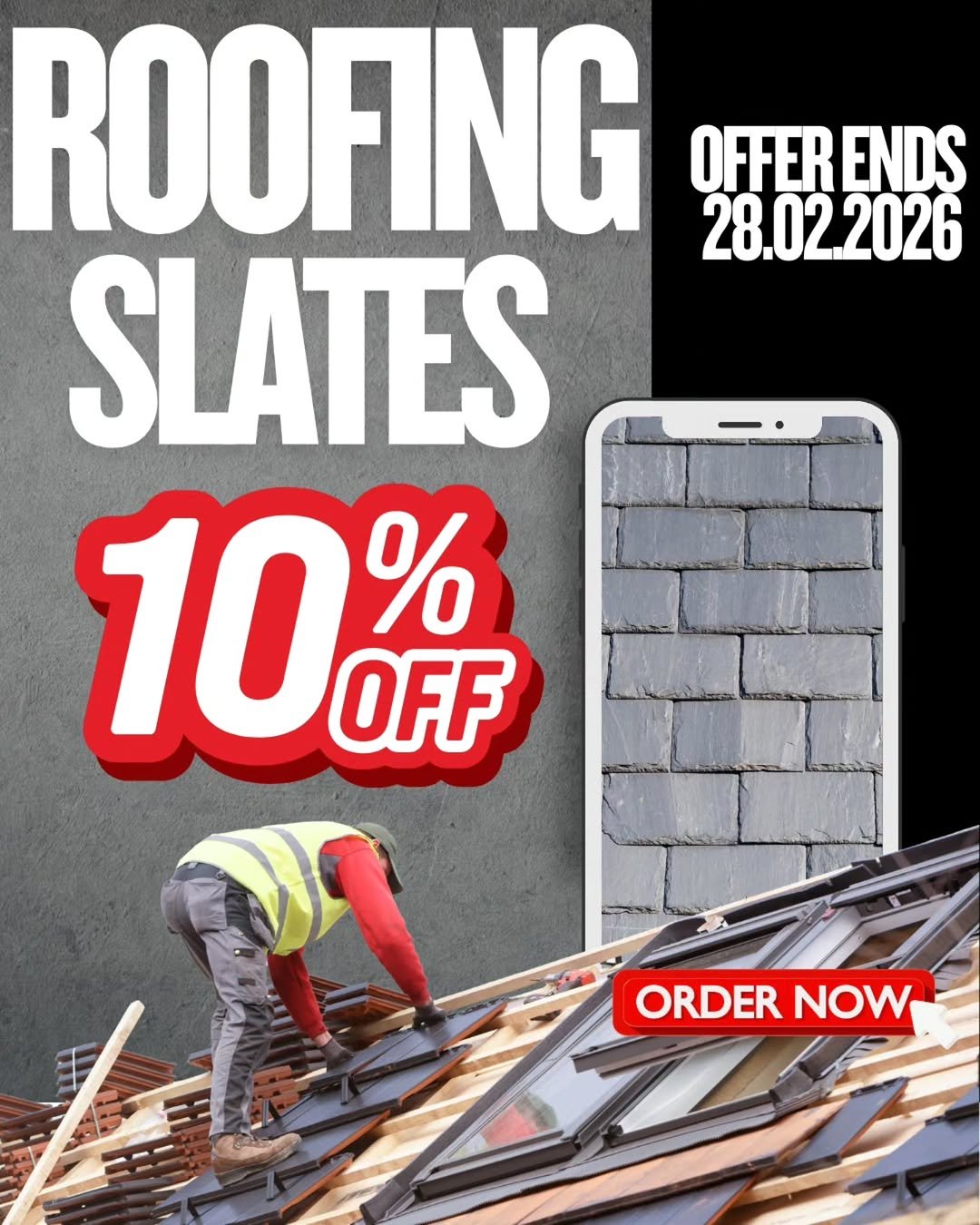 Photo by Hancocks Drainage & Building Supplies in Bishop's Stortford. May be an image of text that says 'ROOFING OFFER OFFERENDS ENDS 28.02.2026 SLATES 10% % OFF ORDER ORDERNOW NOW'.