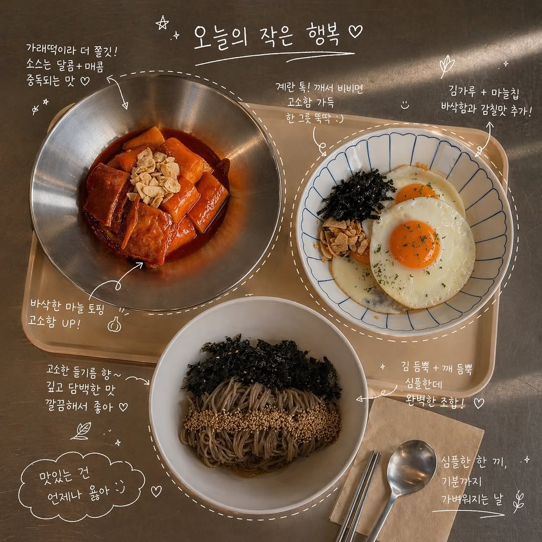 Photo by 토모떡볶이 on April 24, 2026. May be an image of tofu, egg, seaweed and text that says '가래떡이라 더 쫄깃! 소스는 달콤+매롬 달콤+ 매콤 중독되는 맛 3 오늘의 작은 행복 계란 톡! 깨서 비비면 고소함 가득 한그릇뚝딱:) 김가루+ 마늘칩 김가루+마늘칩 침 바삭함과 감칠맛 추가! 바삭한 마늘 마늘토핑 토핑 고소함 고소함P ИP! 고소한 들기름 향~ 표 담백한 "고담백한맛 맛 깔끔해서 좋아 김듬북+깨듬뿍 듬뿍 김듬뿍+ 심플한데 완벽한 조함! ٥ 언제나 요아 심플한한 끼, 기분까지 가벼워지는 날'.