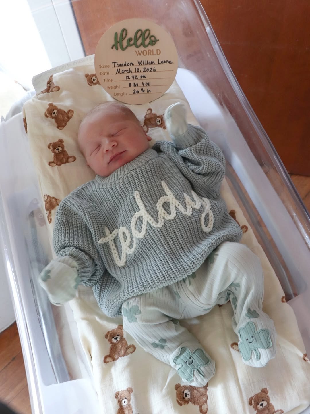 Photo by Hannah Leone | Gluten Free Recipes on March 16, 2026. May be an image of baby and text that says 'Hello WORLD Name Thandon_WilionLeone Theodons William Leone Date March March13.2026 3.2026 12:42 12142 Time weight 81h40 402 Length 20%in'.