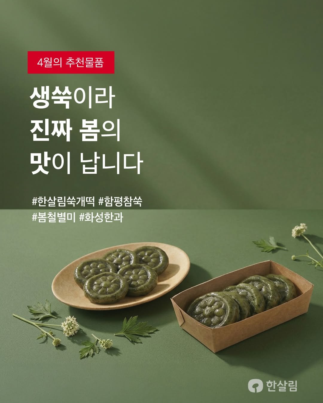 Photo by 한살림 on April 13, 2026. May be an image of seaweed and text that says '4월의 추천물품 생쑥이라 진짜 봄의 맛이 납니다 #한살림쑥개떡 #함평참쑥 #봄철별미 #화성한과 한살림'.