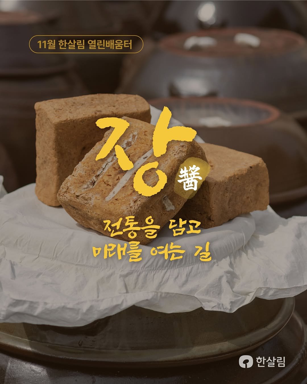 Photo by 한살림 on October 27, 2025. May be an image of chiffon cake, tofu, bread and text that says '11월 한살림 열린배움터 장 전통을 담고 미래를 여는 길 한살림'.
