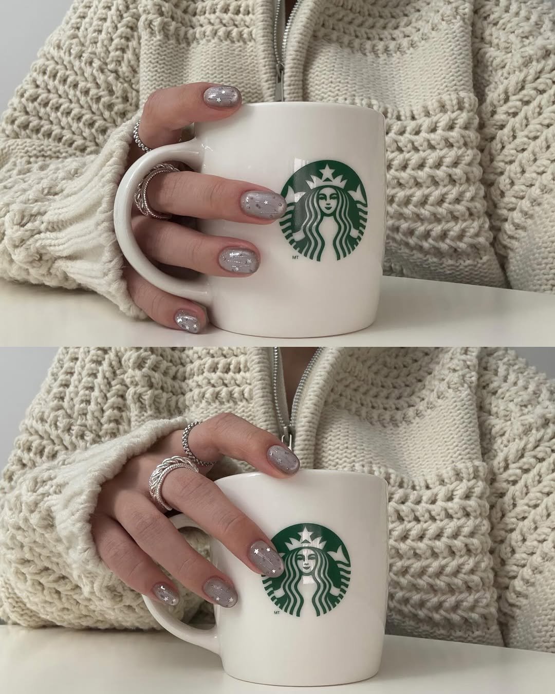 Photo shared by 수빈 on January 13, 2026 tagging @favore_nailshop. May be an image of one or more people, fingernails, coffee cup, sweater and text.