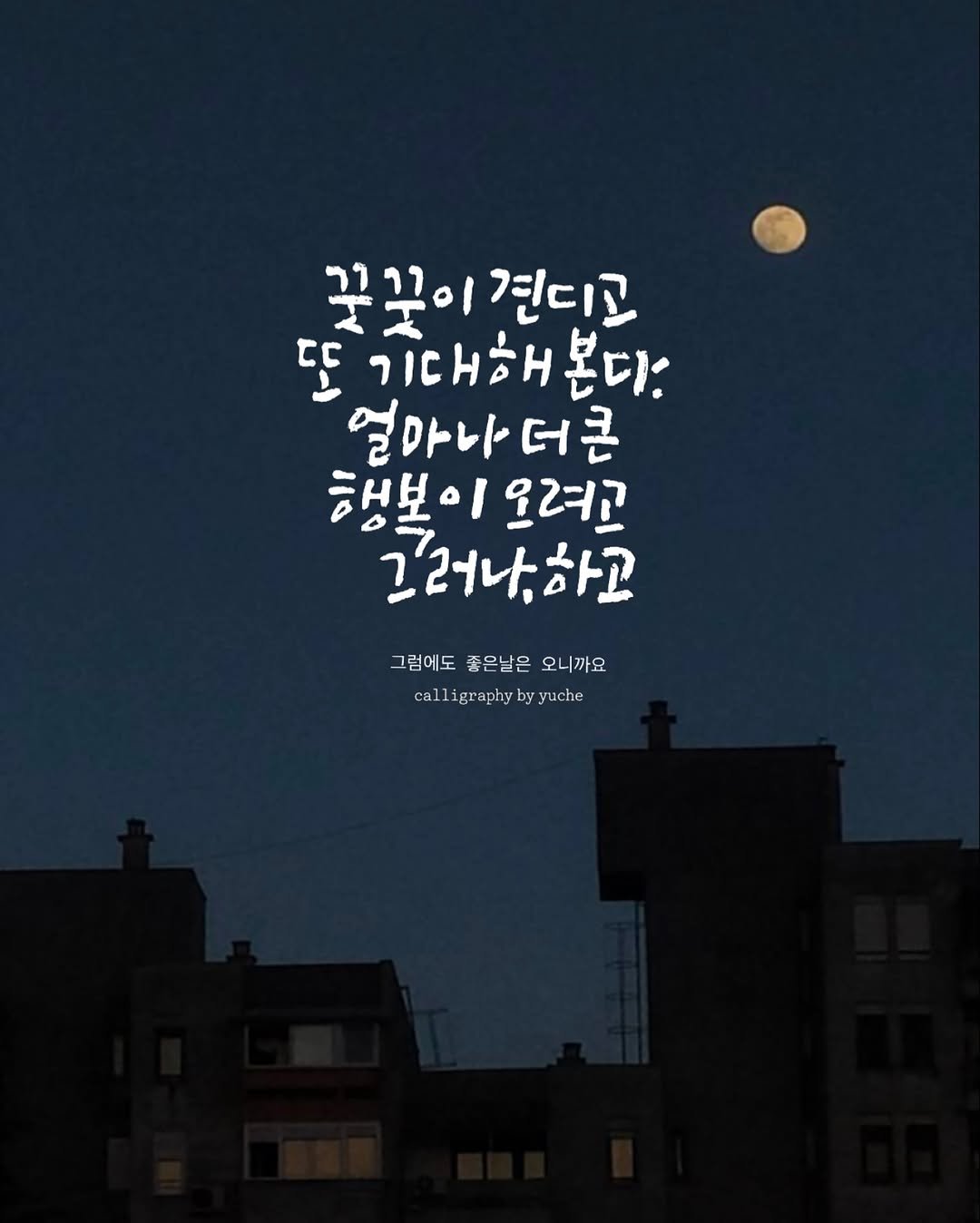 Photo by 유채글씨 on October 05, 2025. May be an image of ‎night and ‎text that says '‎꽃꽂이 꽃꽃이견디고 견디고 لدا 기대해본디. ገርርዘአዛ 얼마나더큰 더큰 얼마니 햇보이 행복이오려고 오려고 그러나하고 그럼에도 좋은날은 그럼에도좋은날은오니까요 오니까요 calligraphy by yuche calligraphybyyuche yu‎'‎‎.
