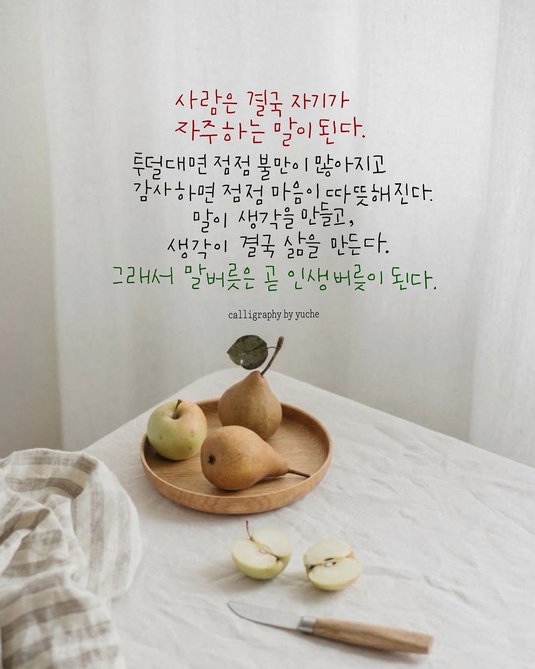 happy_yuche 게시물 이미지: .....
사람은 결국 자기가
자주하는 말이 된다.
투덜대면 점점 불만이...