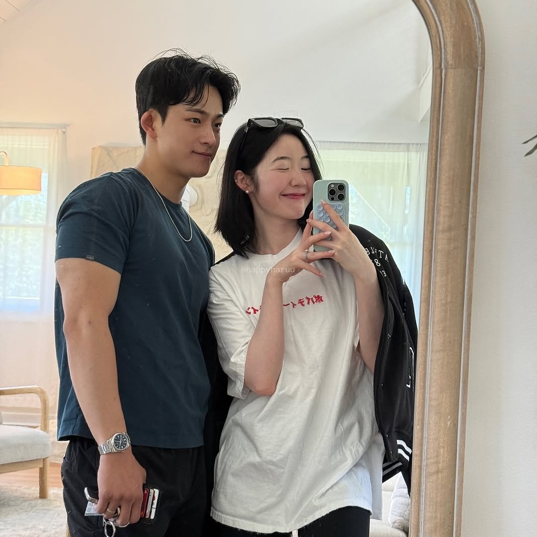Photo shared by Jea Jeong on May 07, 2025 tagging @happyharuu. May be a selfie of 2 people, biceps, mirror and text.