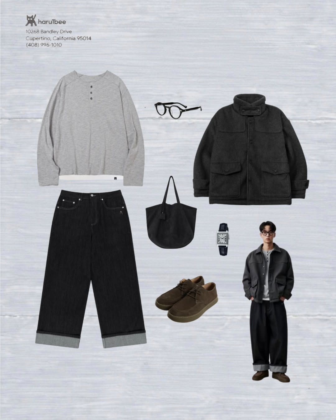 Photo shared by 하루한벌 on January 07, 2026 tagging @button_seoul, @milloarchive, @hooves_official, @aakam.kr, and @someplace.kr. May be an image of duffle coat, goosedown coat, overcoat, sweatpants, parka and text that says 'harulbee 10268 Bandley Drive Cupertino,Caltornia95014 Cupertin ertino, California 95014 (408) 996 96-1010 1010 00 N'.