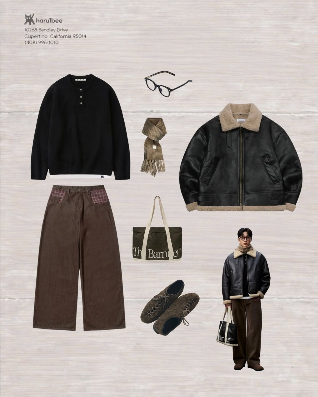 Photo shared by 하루한벌 on January 12, 2026 tagging @romanticmove_official, @suarestudio, @mu_cent, @scallywag__official, and @thebarnettneworleans. May be an image of duffle coat, overcoat, parka and text that says 'harulbee 10268 Bandley Drive Cupertino,Caltornia9501 Cupertin tino, California 95014 (408) 996- 1010 KAN Th Barni'.