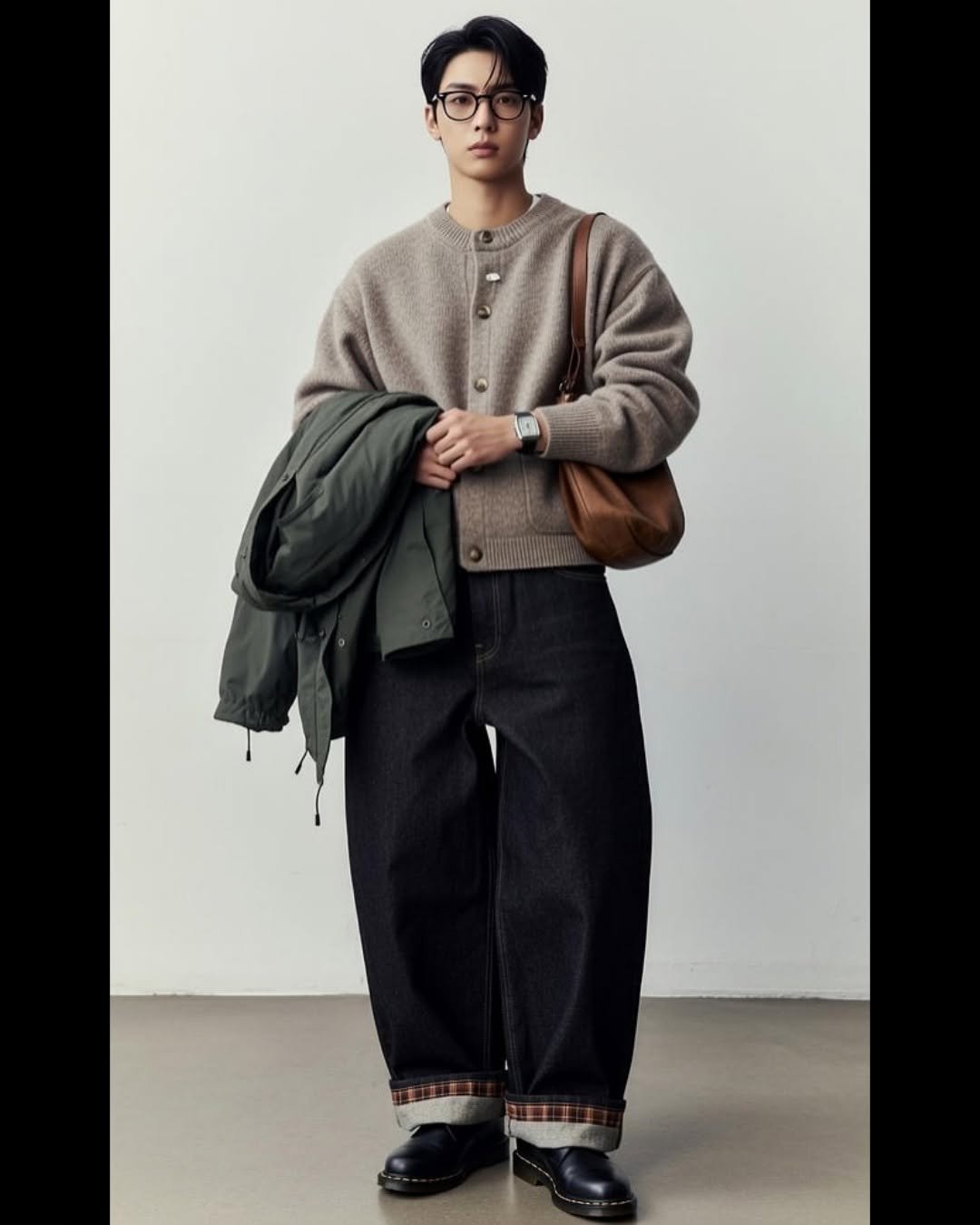 Photo by 하루한벌 on January 05, 2026. May be an image of duffle coat, overcoat, wingtip shoes, eyeglasses and text.