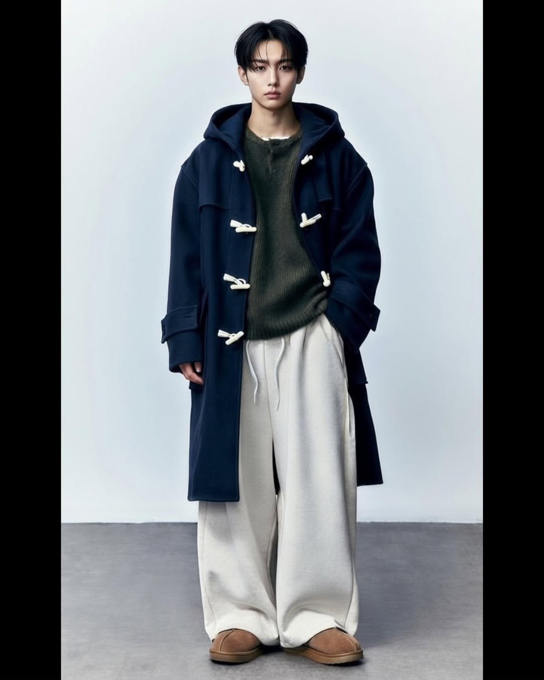 Photo by 하루한벌 on January 05, 2026. May be an image of duffle coat, overcoat, wool, sweatpants, fleece, parka and text.