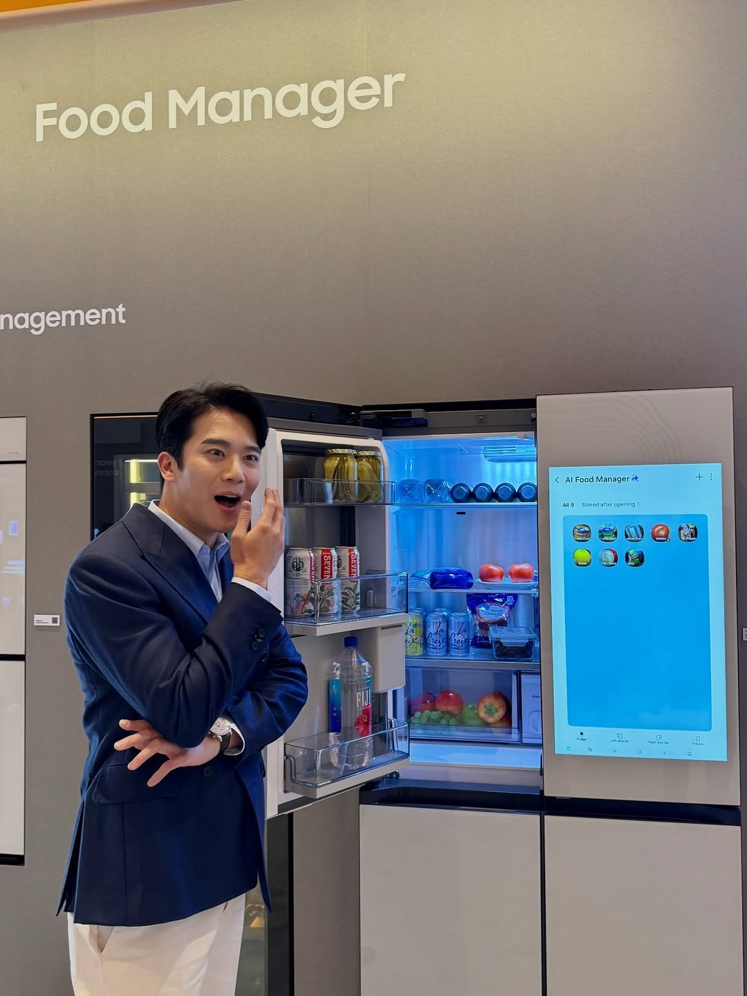 Photo shared by 하석진 Ha Seokjin on January 06, 2026 tagging @samsungkorea, and @samsung_bespoke. May be an image of vending machine, printer, cash machine, refrigerator and text.