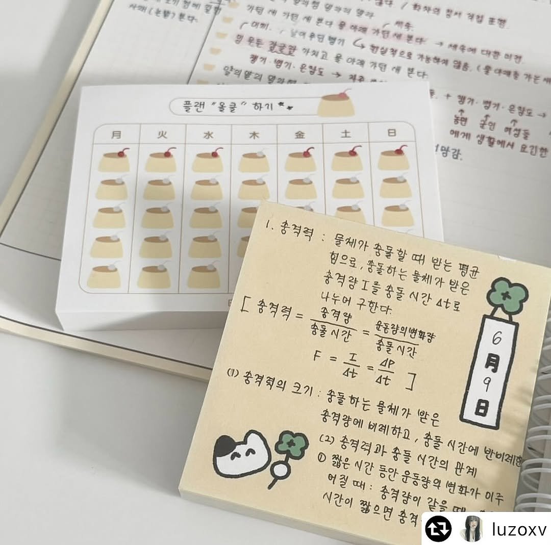 Photo by 하얀잡화점 on November 18, 2025. May be an image of diary, binder, pencil case, calendar, crossword puzzle, ruler, clipboard and text that says '.国しとぜりぎす・ 中 김깨 가평관 カ外店 감서 책험 명무든 칼로한 하최고 챙기 영기·온향도 알의알리 플랜 세후에 대합 마건 야고 한삼적으로 가능하에 영총, 물대매를 개업 본다 하기 月 火 土 日 챙거 명가 은향호 농면 에게 생활에시 이성중 1망감 요김한 송격력 둘세가 충동 할 때 받는 평균 힘으로, [충격력= 나누어 총격왕 구한다. 송격창고를충돌스간&로 힘으로,동물하는둘세가받은 받은 둘체? 충물시간 운동량의병화량 송물시간 6 (1) 月 충격력의 1중격적의크기: 크기 송돌하는물체가만은 물체가 ቤቴ 4P At ] 9 총격량에 B (2) 짧은 총격적과송동시간의 송돌 시간의 관계 비례하고 만은 충돌 시간에 반비계만 시간 어릴때 때 송격량이 같을 Cho 시간이 연화가 이주 luzoxv'.