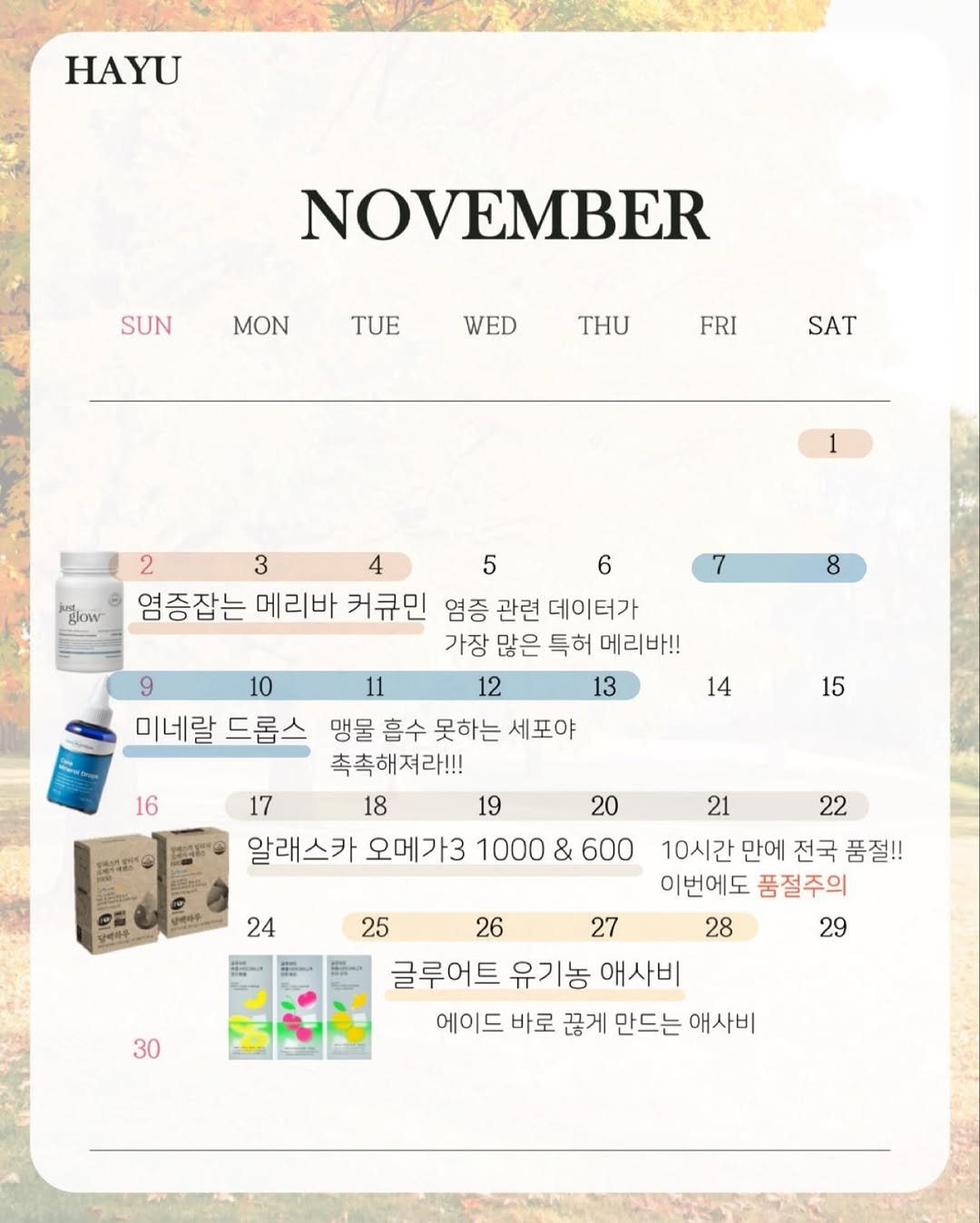 Photo by 하유약사 | 이지영 on October 31, 2025. May be an image of ‎text that says '‎HAYU SUN MON NOVEMBER TUE WED THU FRI SAT 1 ปูอพ 7 8 2 3 4 5 6 염증잡는 메리바 커큐민 염증 관련 데이터가 가장 많은 특허 메리바!! 9 10 12 13 미네랄 드롭스 맹물 흡수 못하는 세포야 촉촉해져라!!! 17 18 19 알래스카 오메가3 1000 & 600 14 16 15 内所 20 α اکش 24 21 22 10시간 만에 전국 품절!! 이번에도 품절주의 25 26 27 28 29 글루어트 유기농 애사비 에이드 바로 끊게 만드는 애사비 30‎'‎.