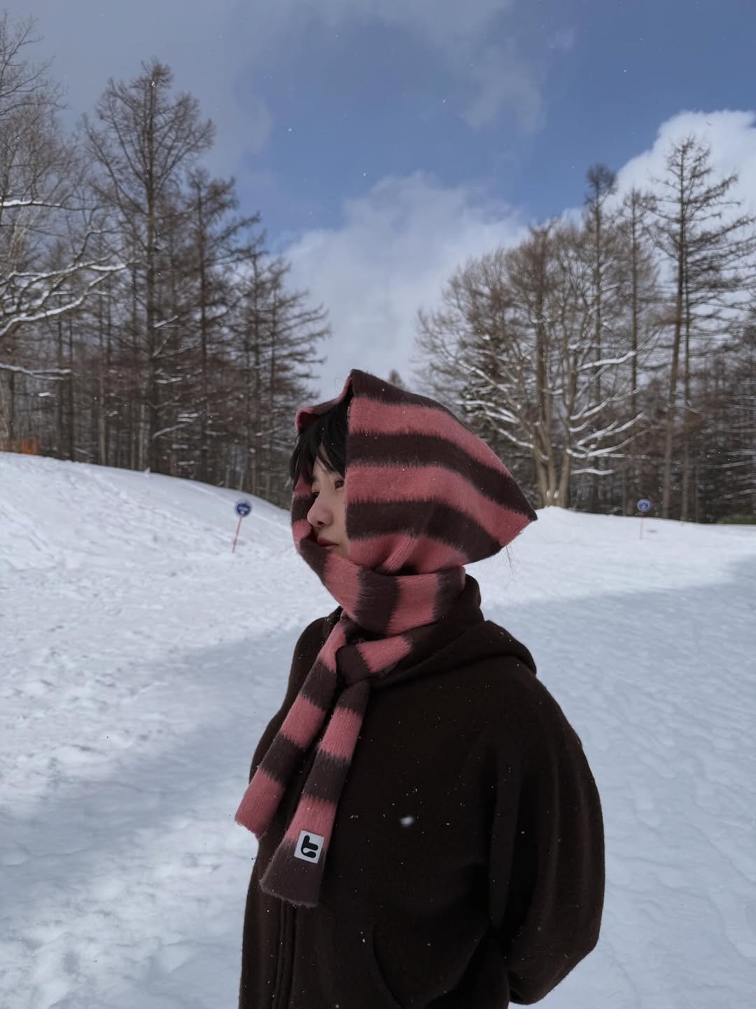 Photo shared by 양혜지 on December 10, 2025 tagging @clubmedhokkaido, and @tamika_zip. May be an image of duffle coat, scarf, cloak, parka, turtleneck, face mask, ski slope, snow and text.
