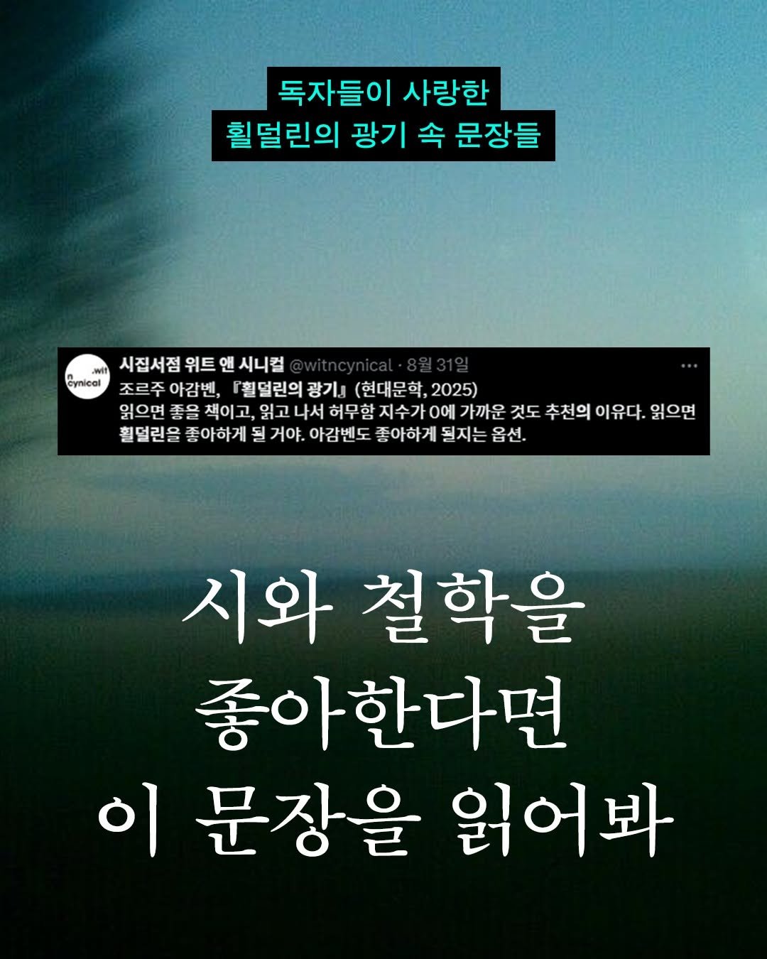 Photo by 현대문학 on September 19, 2025. May be an image of text that says '독자들이 사랑한 훨덜린의 광기 속 문장들 wit 시집서점 위트 앤 시니컬 Cynicel cynical 조르주 아감벤, 『훨덜린의 광기』 (현대문학, (현대문학,2025) 2025) 읽으면 좋을 책이고, 읽고 나서 허무함 지수가0 가0어 0에 가까운 것도 추천의 이유다. 읽으면 훨덜린을 좋아하게 될 거야. 아감벤도 좋아하게 될지는 옵선. 시와 철학을 좋아 좋아한다면 이 문장을 읽어봐'.