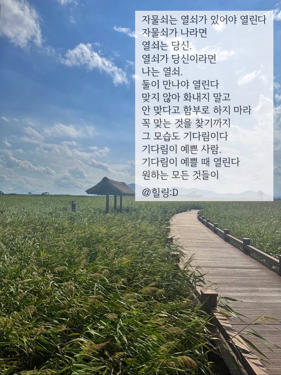 Photo by 힐링 딜리버리 | 힐링디 | 북스타그램 | 인간관계 | 자기계발 in 순천만습지. May be an image of globe amaranth, cloud and text that says '자물쇠는 열쇠가 있어야 열린다 자물쇠가 나라면 열쇠는 당신. 열쇠가 당신이라면 나는 열쇠. 둘이 만나야 열린다 맞지 않아 화내지 말고 안 맞다고 함부로 하지 마라 꼭 맞는 것을 찾기까지 그 모습도 기다림이다 기다림이 예쁜 사람. 기다림이 예쁠 때 열린다 원하는 모든 것들이 @힐링:D'.