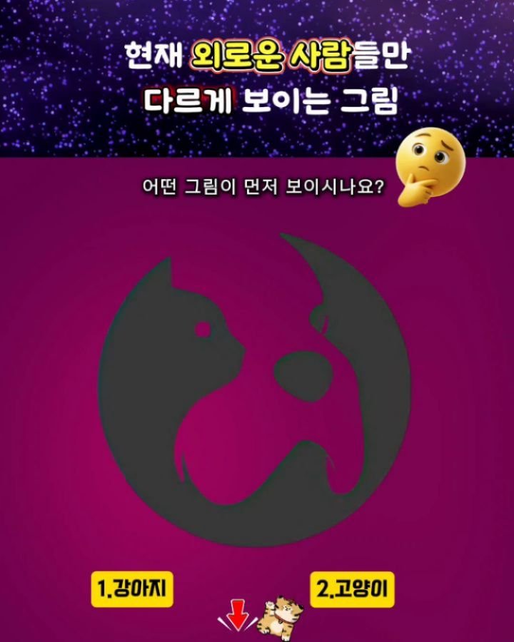 health_channel01 게시물 이미지: 💜현재 외로운 사람들만 다르게 보이는그림

[ 결과확인 ]

🐶1번:강아지가 보인...