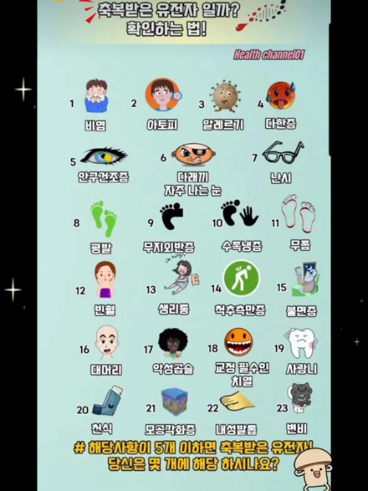 health_channel01 게시물 이미지: 💜축복받은 유전자 일까? 확인하는법!

해당사항이 5개 이하면 축복받은...