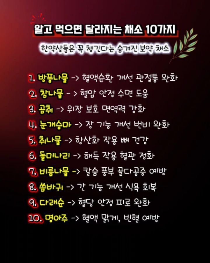 health_channel01 게시물 이미지: 💜알고 먹으면 달라지는 채소 10가지
약보다 먼저 먹는다는 채소 

나이가 들수록...