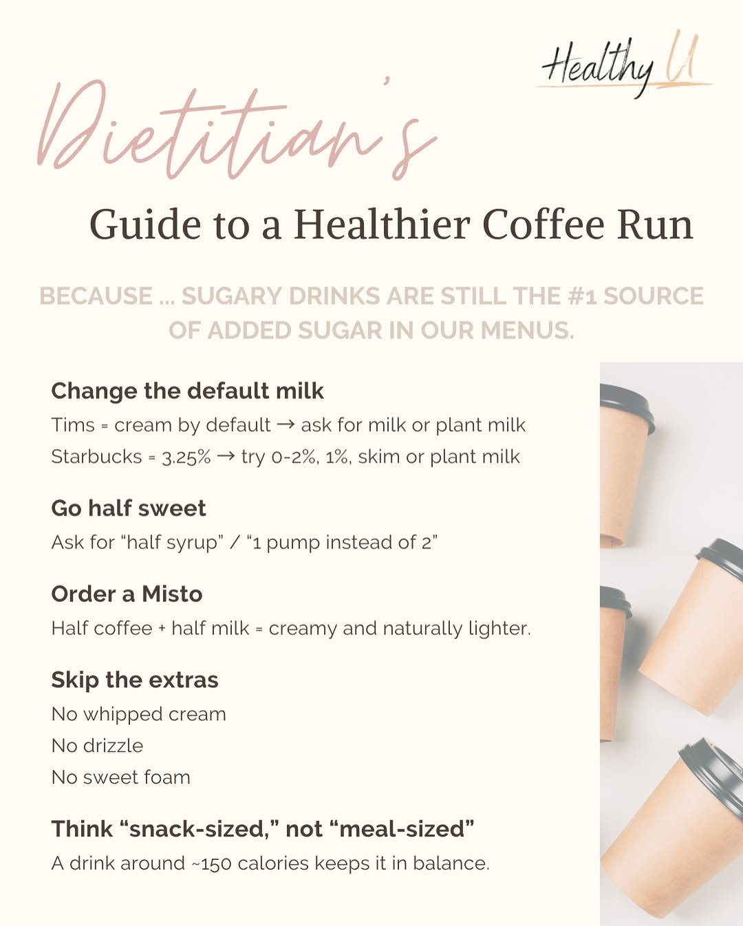 Photo by Alissa Steinberg RD CDE MHSc on February 25, 2026. May be an image of drink, magazine, poster and text that says 'Healthy Dietitian's S Guide to a Healthier Coffee Run BECAUSE.. SUGARY DRINKS ARE STILL THE #1 SOURCE OF ADDED SUGAR IN OUR MENUS. Starbucks Change the default milk Tims cream by default → ask for milk or plant milk 3.25% try 0-2%, 1%. skim or plant milk Go half sweet Ask for "half syrup" pump instead of 2" Order a Misto Half coffee half milk creamy and naturally lighter. Skip the extras No whipped cream No drizzle No sweet foam Think "snack-sized," not "meal-sized" A drink around ~150 calories keeps it in balance.'.