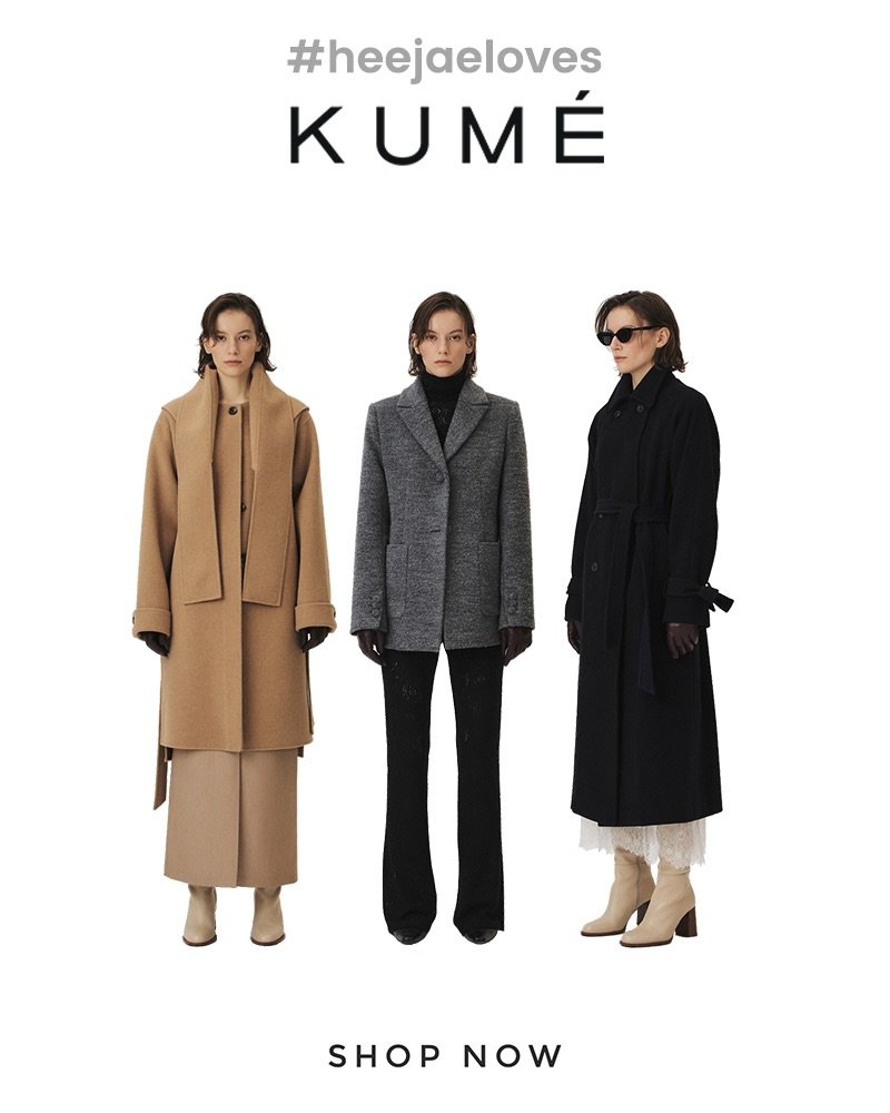 Photo by 강희재 on November 30, 2025. May be an image of duffle coat, overcoat, wool and text that says '#heejaeloves KUMÉ Κ É SHOP NOW'.
