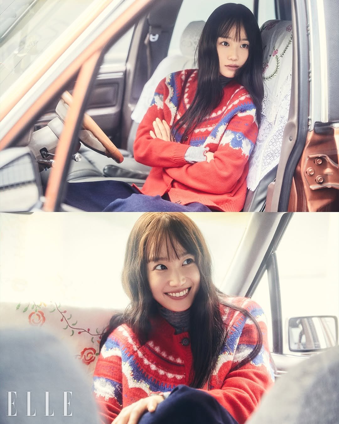 Photo by 장희령 on October 12, 2025. May be an image of one or more people, hair, turtleneck, top and text.