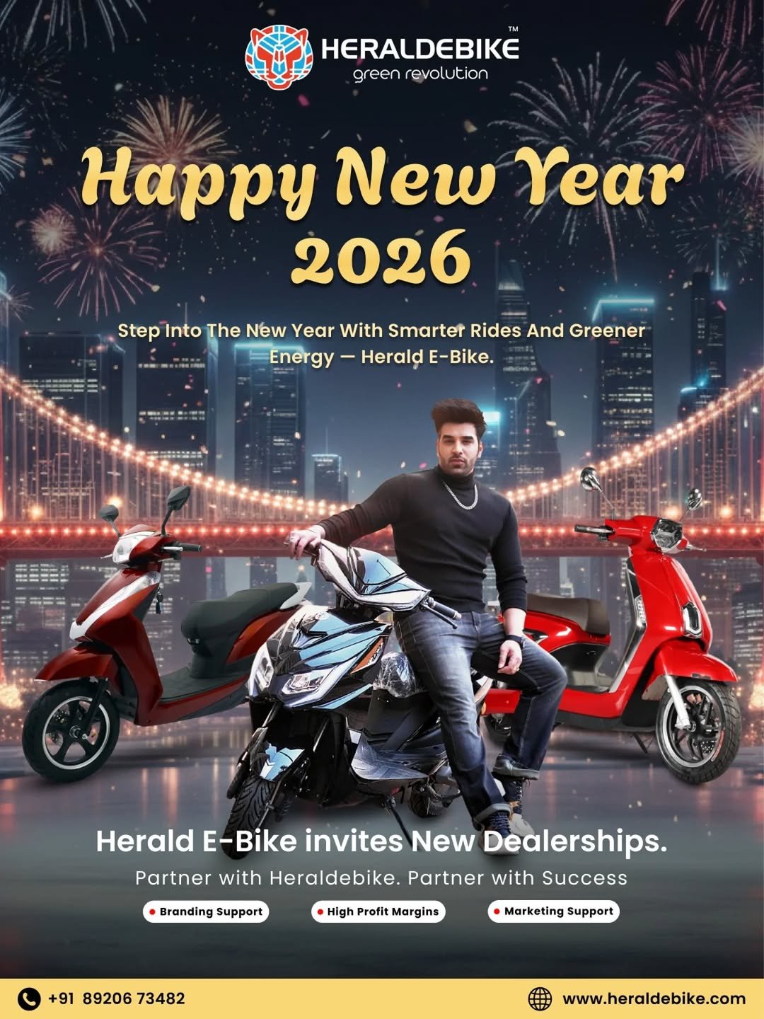 Photo shared by Herald E-bike on December 31, 2025 tagging @heraldebike. May be an image of scooter, magazine, poster and text that says 'HERALDEBIKE green revolution Happy New Year 2026 Step Into The New Year With Smarter Rides And Greener Energy Herald E-Bike. 黑 2 ENSI 전용용 Herald E-Bike invites New Dealerships. Partner with Heraldebike. Partner with Success Branding Support High Profit Margins +91 89206 73482 Marketing Support www.heraldebike.com'.