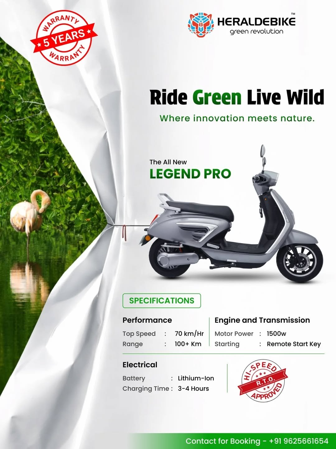 Photo shared by Herald E-bike on December 19, 2025 tagging @heraldebike. May be an image of motorcycle, poster, magazine, scooter, outdoors and text that says 'MARRANTY 5 YEARS WARRANTY HERALDEBIKE green revolution Ride Green Live Wild Where innovation meets nature. The All New LEGEND PRO SPECIFICATIONS Performance Top Speed Range 70 km/Hr 100+Km 100+ Km Engine and Transmission Motor Power: 1500w Starting Remote Start Key Electrical Battery Lithium-Ion Charging Time: 3-4 Hours APPROVED Contact for Booking +91 19625661654'.